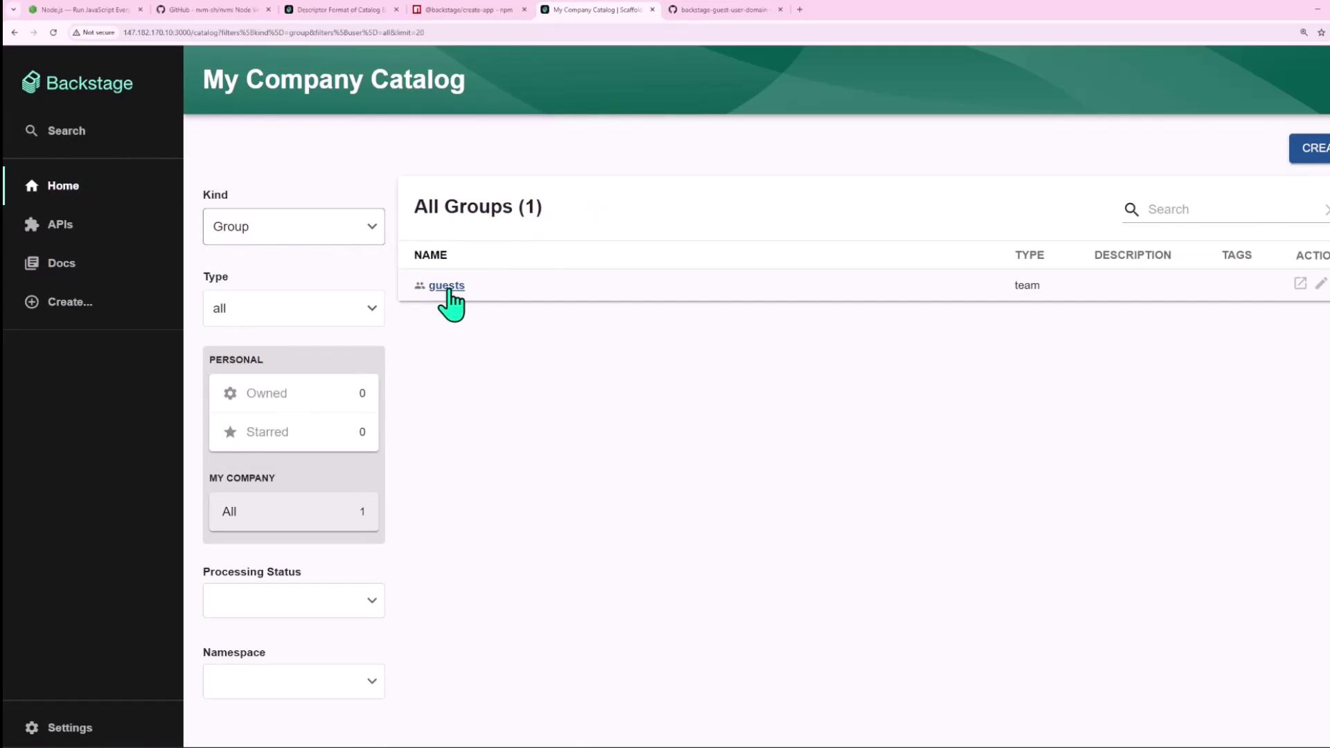 The image shows a user interface of a "My Company Catalog" with a list of groups, specifically displaying a group named "guests" categorized as a team. There are options for filtering and searching on the left sidebar.