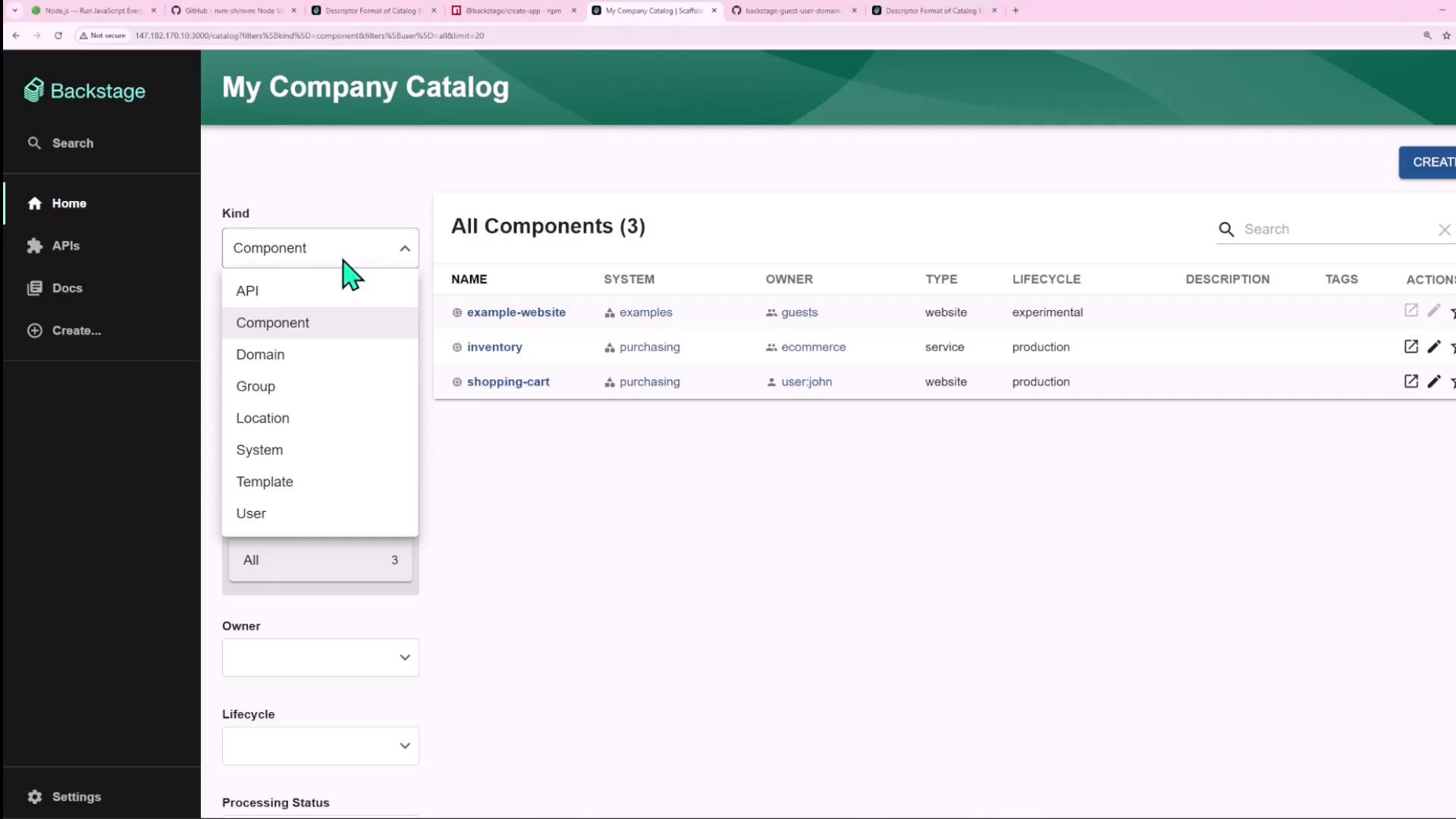 The image shows a software interface for "My Company Catalog" with a list of components, including their system, owner, type, and lifecycle. A dropdown menu is open, displaying options like API, Component, Domain, and more.