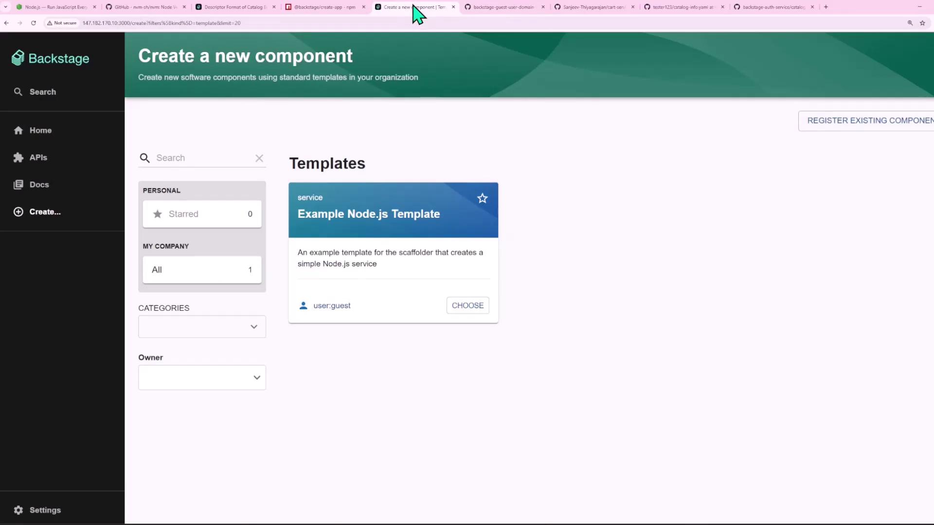 The image shows a web interface for creating a new software component using standard templates, specifically highlighting an "Example Node.js Template." The interface includes options for personal and company templates, categories, and owner selection.