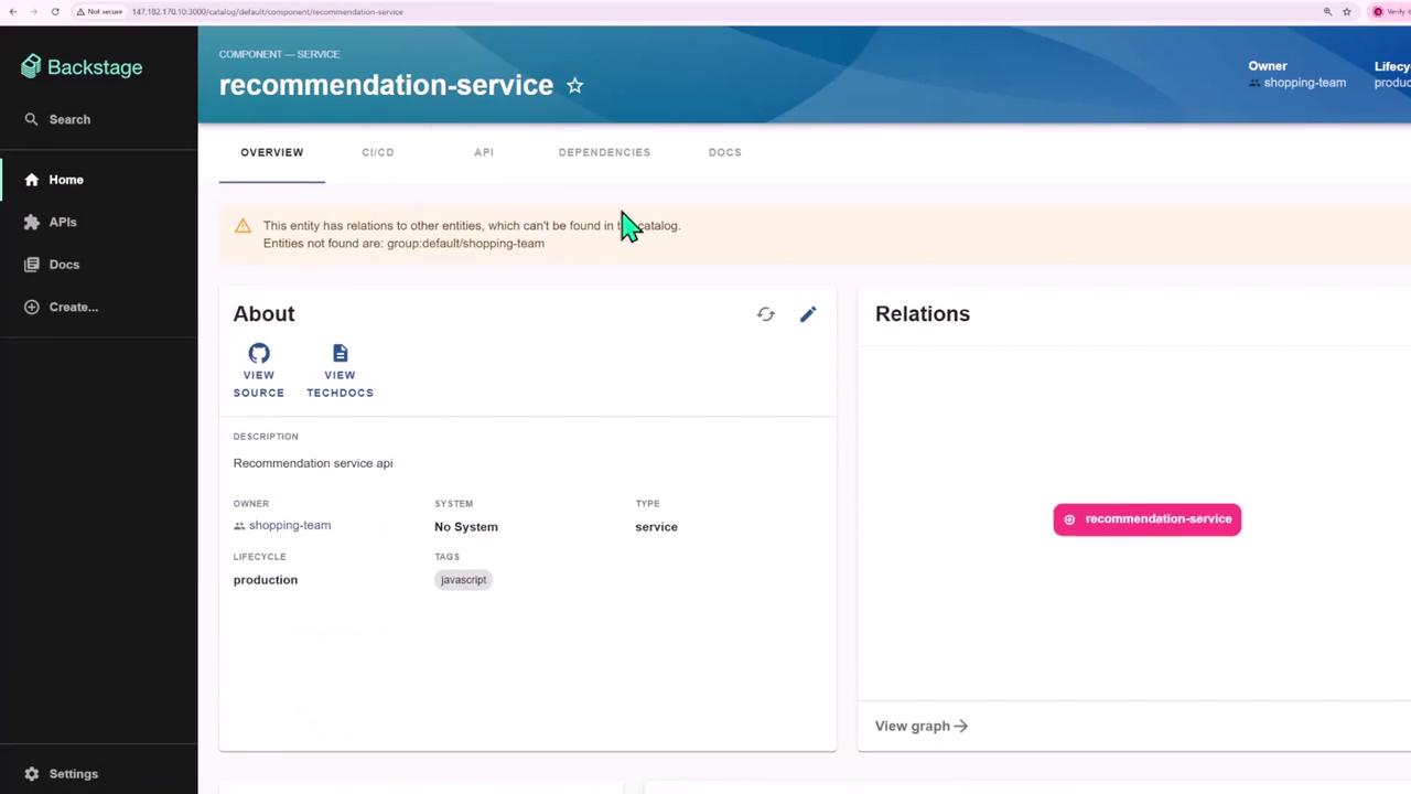 The image shows a dashboard interface for a "recommendation-service" in Backstage, displaying details about the service, including its description, owner, system, type, and lifecycle, along with a section for relations.