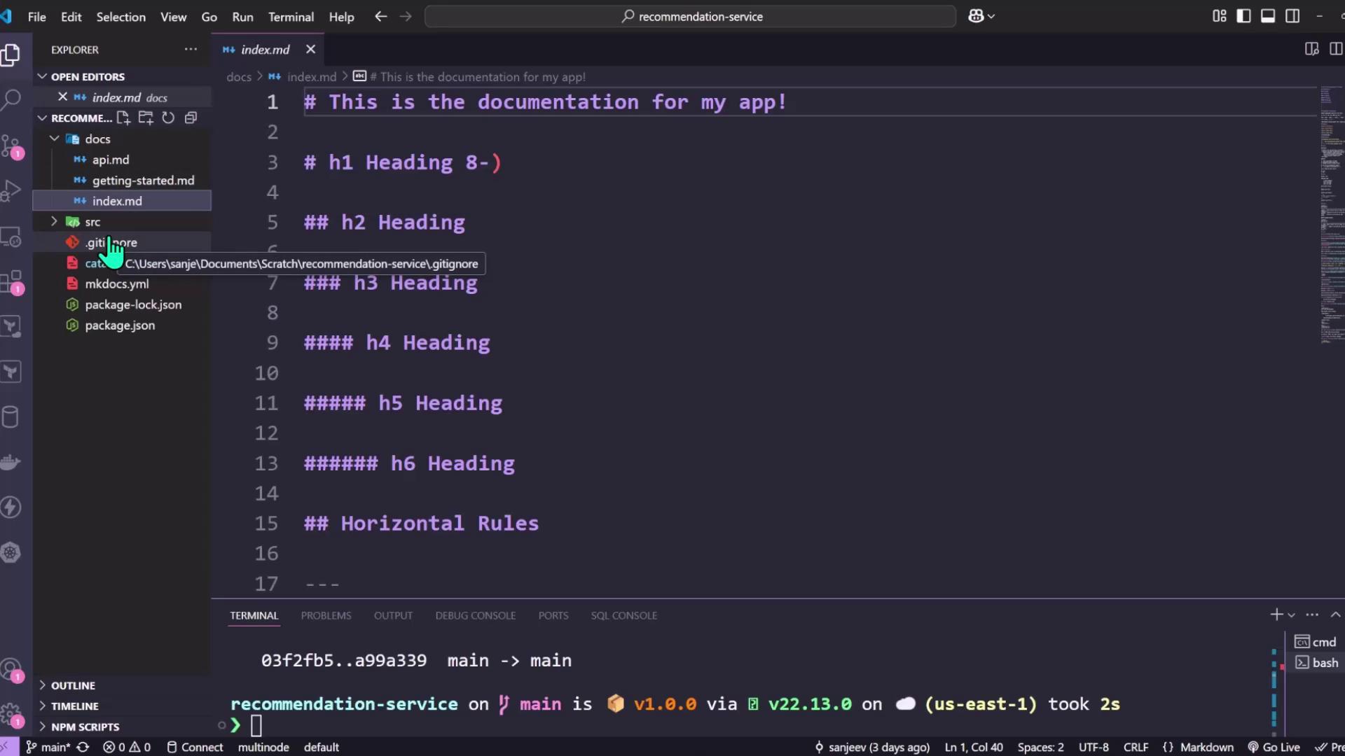 The image shows a code editor with a Markdown file open, displaying various heading levels and a horizontal rule. The sidebar lists project files, and a terminal at the bottom shows a Git branch and version information.