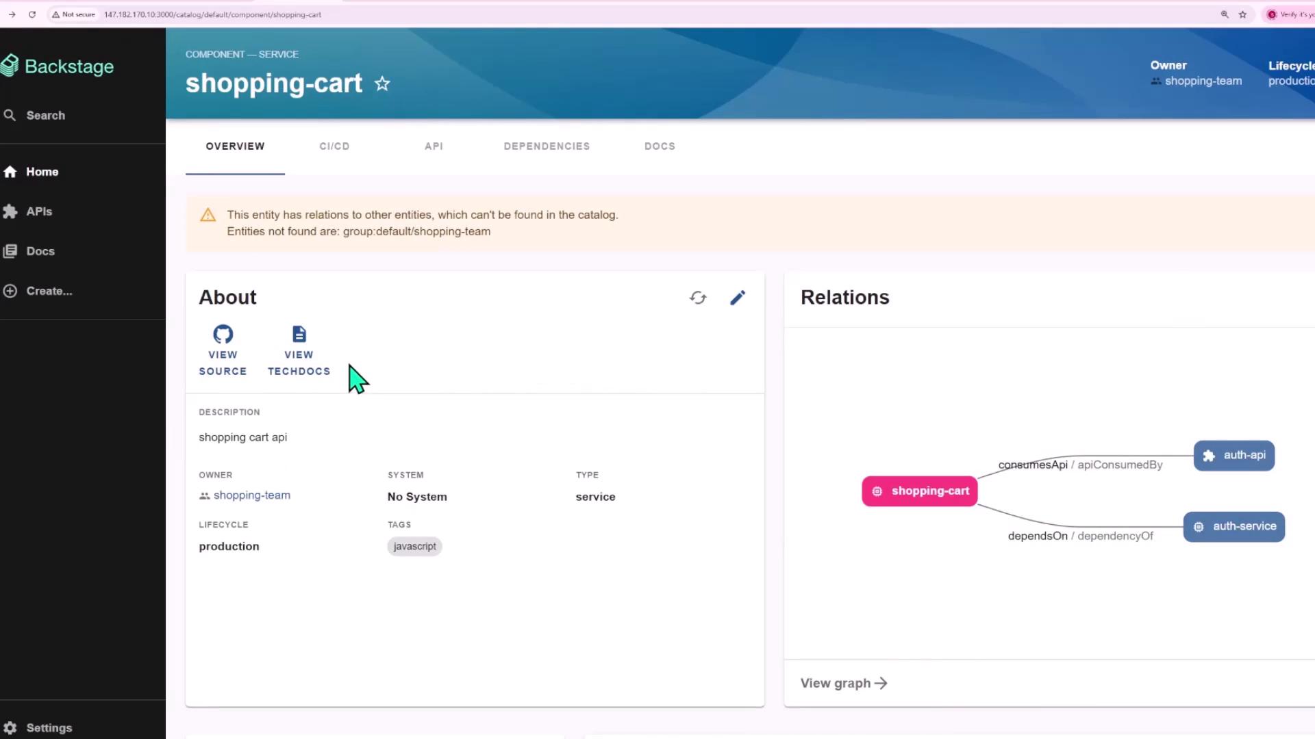 The image shows a dashboard interface for a "shopping-cart" service in Backstage, displaying its overview, description, and relations with other APIs and services.