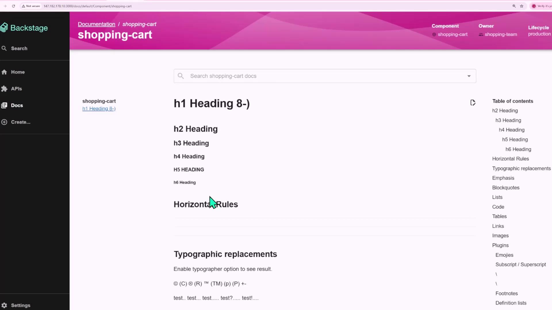 The image shows a documentation page for a "shopping-cart" component, featuring various heading styles and a table of contents on the right. The interface includes a sidebar with navigation options like Home, APIs, and Docs.