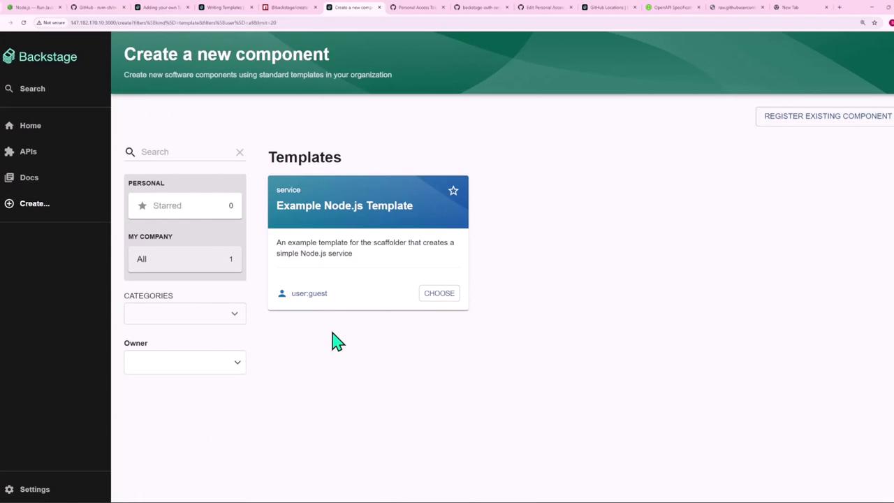The image shows a web interface for creating a new software component using Backstage, featuring an "Example Node.js Template" available for selection. The interface includes options for filtering templates by categories and owner.