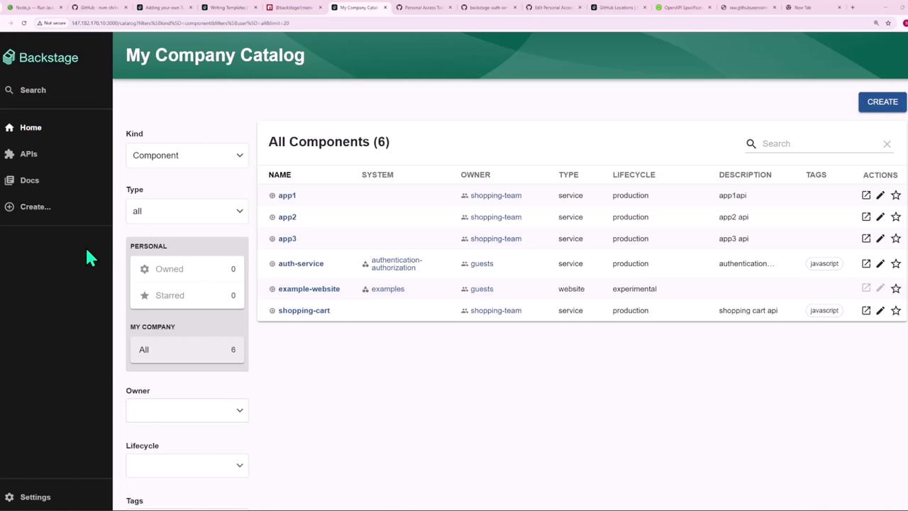 The image shows a dashboard from "My Company Catalog" in Backstage, listing various components with details like name, system, owner, type, and lifecycle. The interface includes options for filtering and creating new entries.