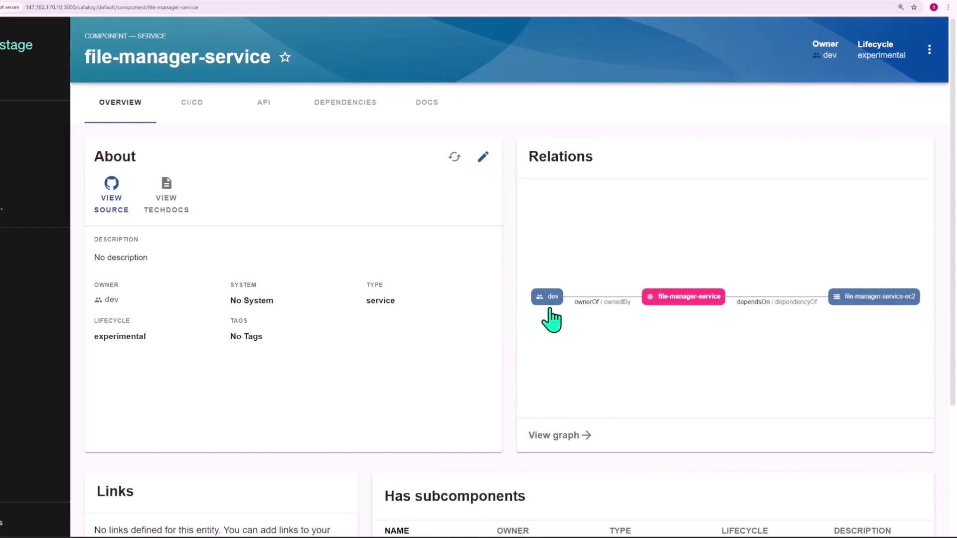 The image shows a dashboard interface for a service called "file-manager-service," displaying details like owner, lifecycle, and relations with other components. It includes sections for viewing source, tech docs, and a graph of relationships.
