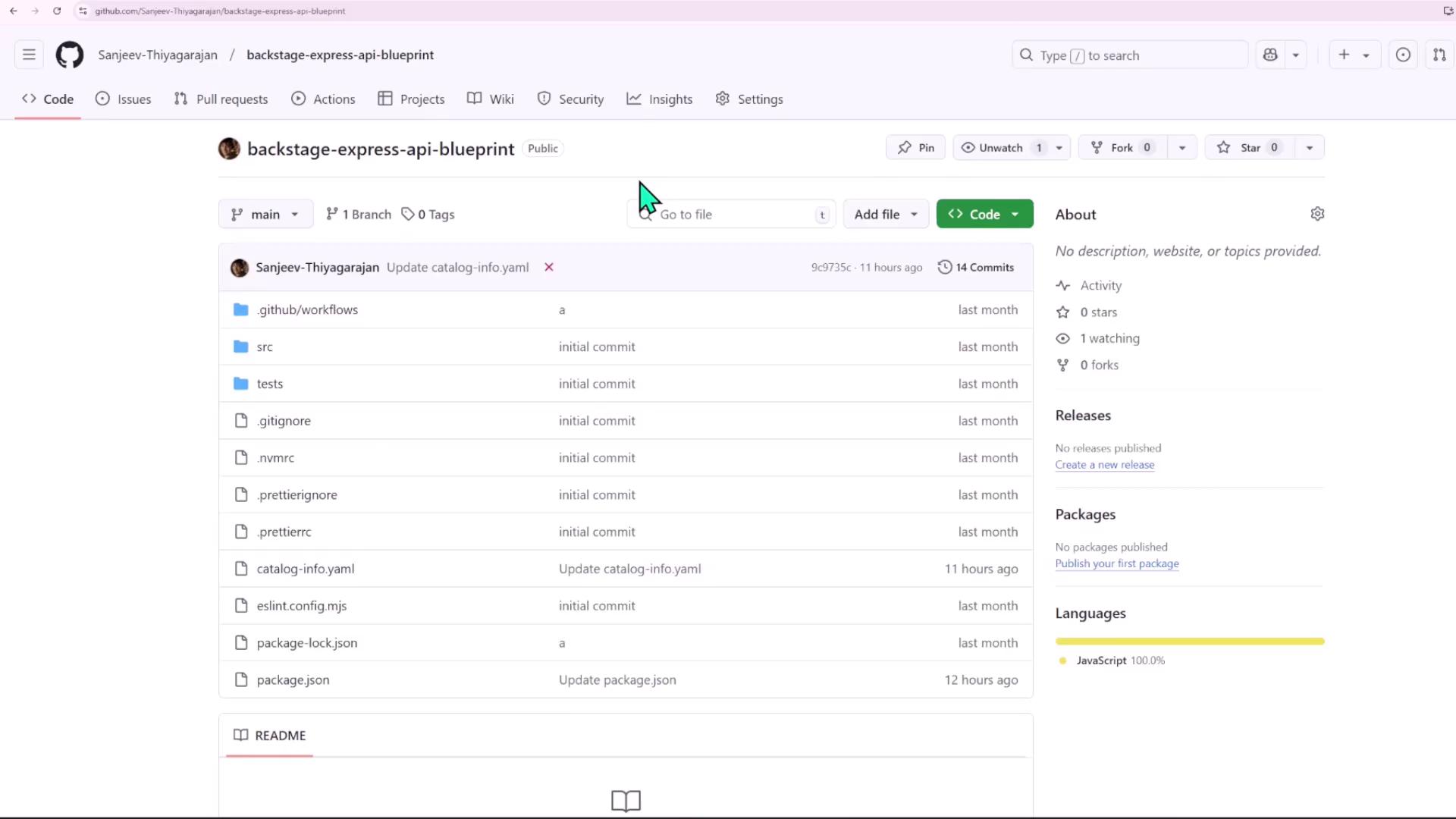 This image shows a GitHub repository page named "backstage-express-api-blueprint" with a list of files and folders, including `.github/workflows`, `src`, and `tests`. The repository is public and primarily uses JavaScript.