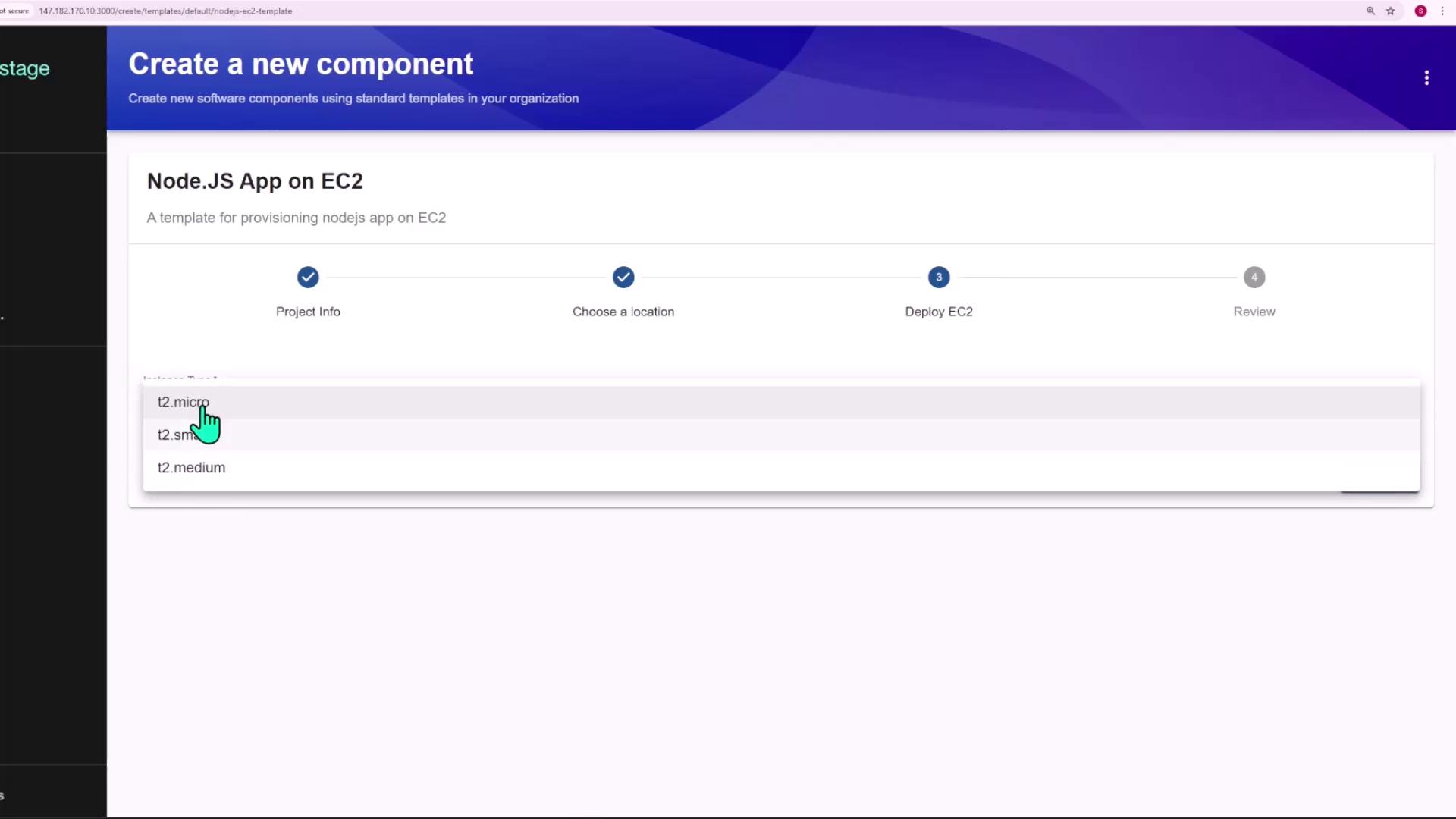 The image shows a web interface for creating a new software component, specifically a Node.js app on EC2, with a dropdown menu for selecting an instance type.