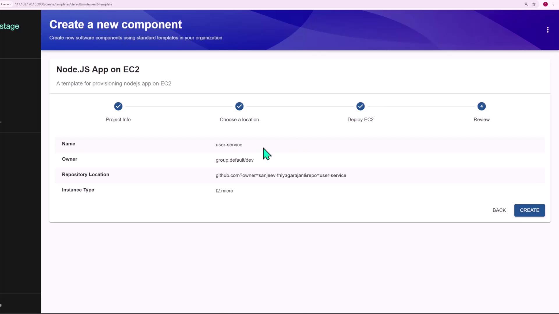The image shows a web interface for creating a new software component, specifically a Node.js app on EC2, with project information such as name, owner, repository location, and instance type.