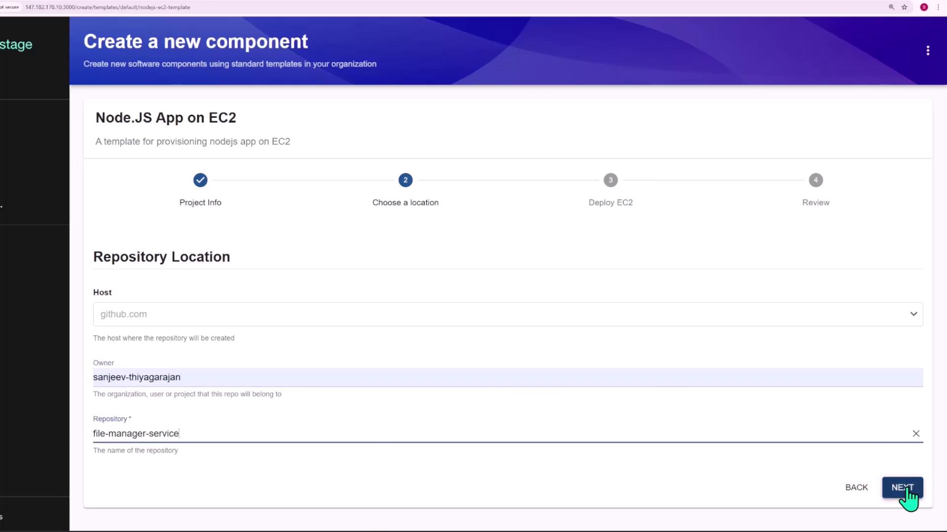 The image shows a web interface for creating a new software component, specifically a Node.js app on EC2, with options to set the repository location on GitHub.