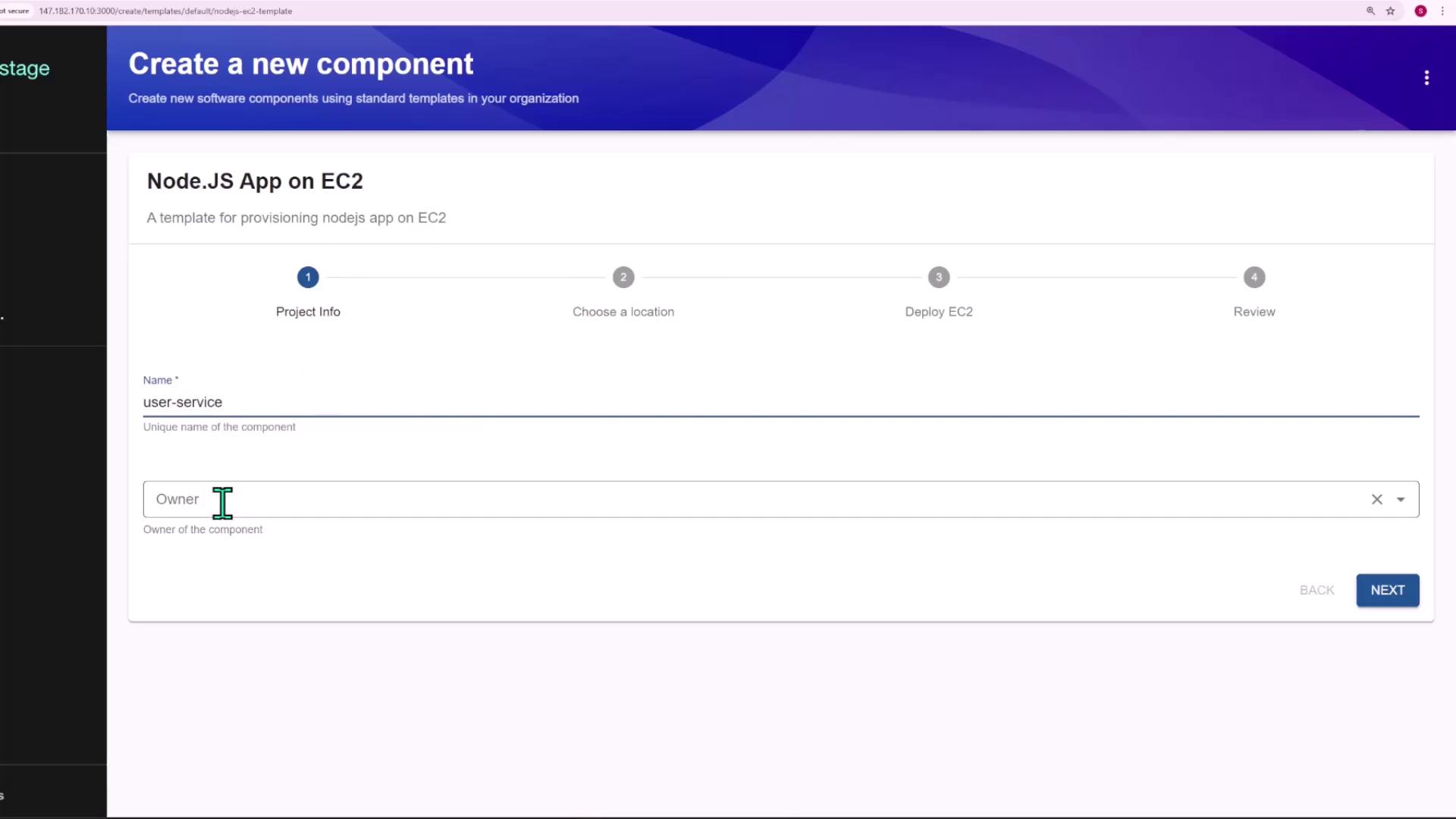 The image shows a web interface for creating a new software component, specifically a Node.js app on EC2, with fields for entering project information like name and owner.