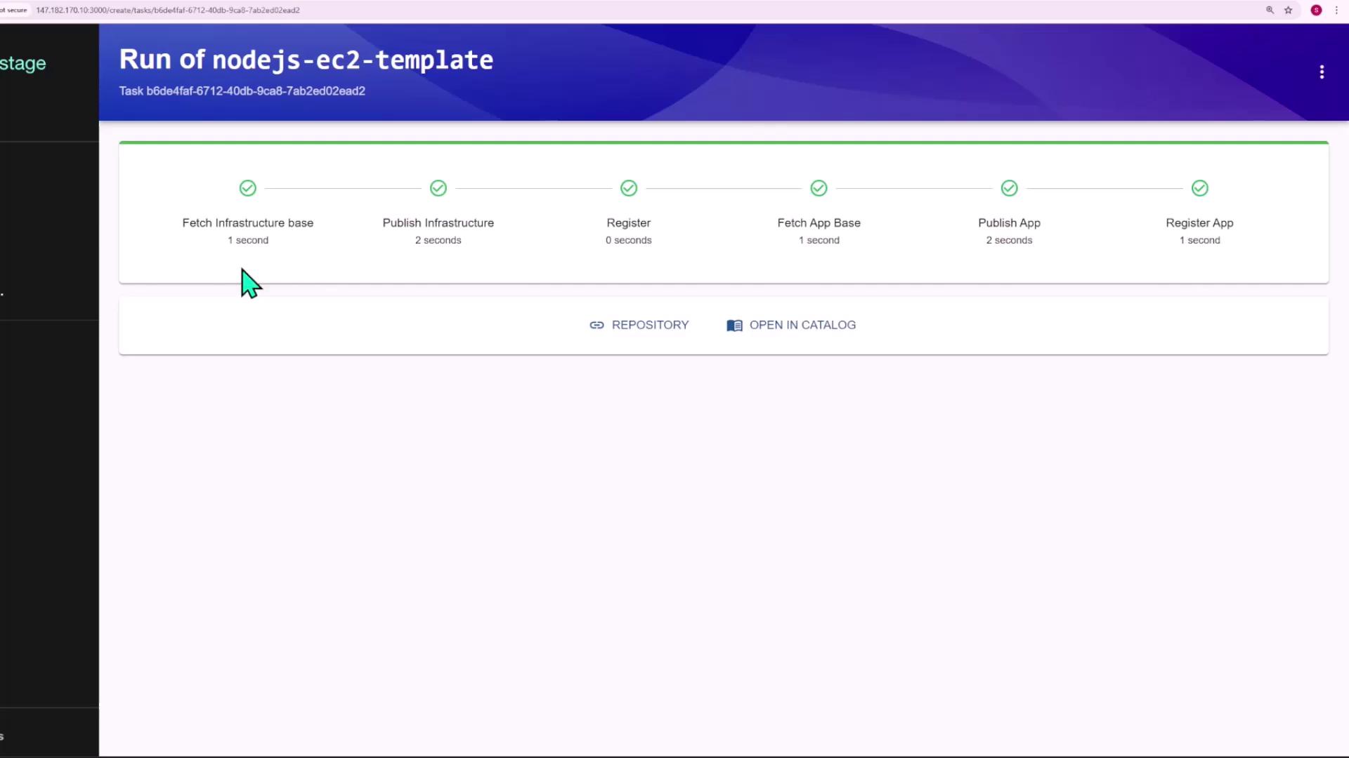 The image shows a progress screen for a task titled "Run of nodejs-ec2-template," with several completed steps such as fetching infrastructure and publishing the app. There are options to view the repository or open the catalog.