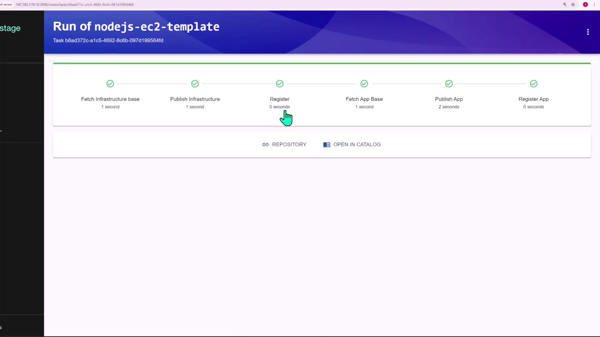 The image shows a progress screen for running a "nodejs-ec2-template" task, with steps like fetching infrastructure, publishing, and registering, all marked as completed. There are options to view the repository and open the catalog.