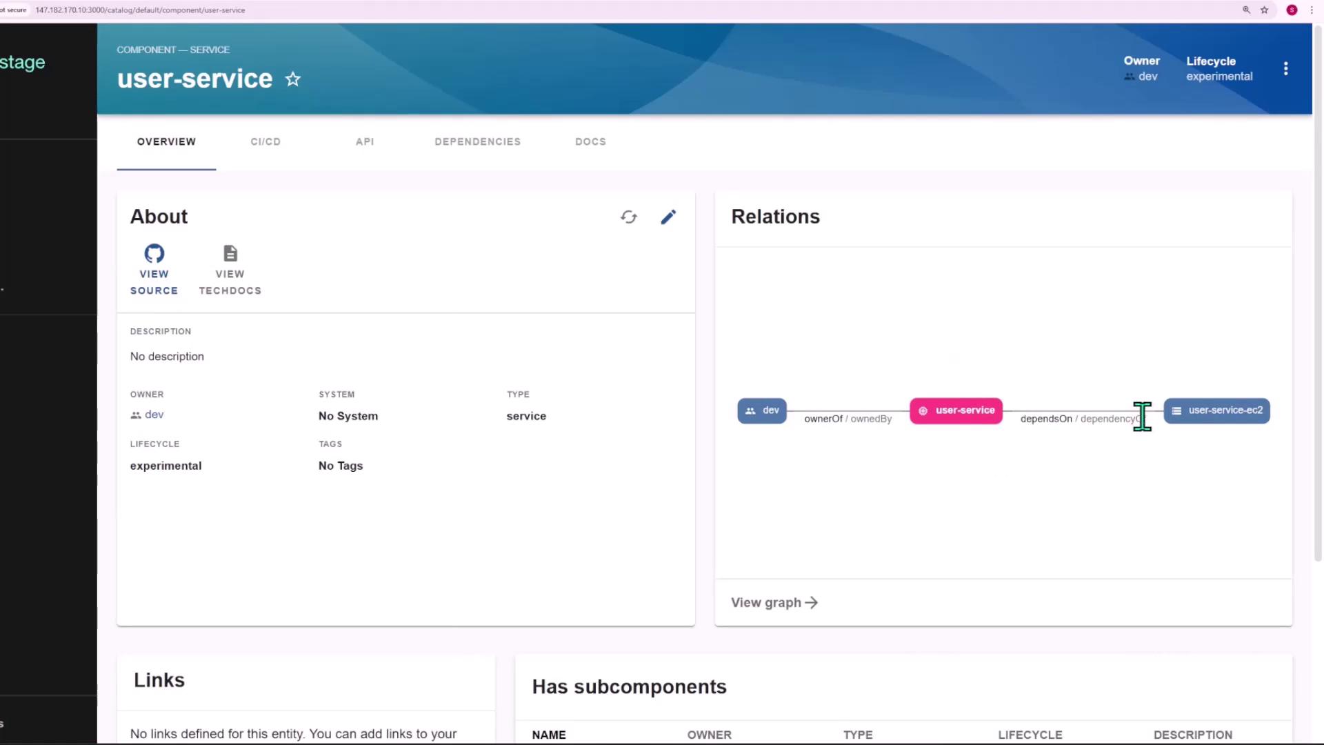The image shows a dashboard interface for a "user-service" component, displaying details like owner, lifecycle, and system relations. It includes sections for overview, CI/CD, API, dependencies, and documentation, with a graph illustrating relationships.