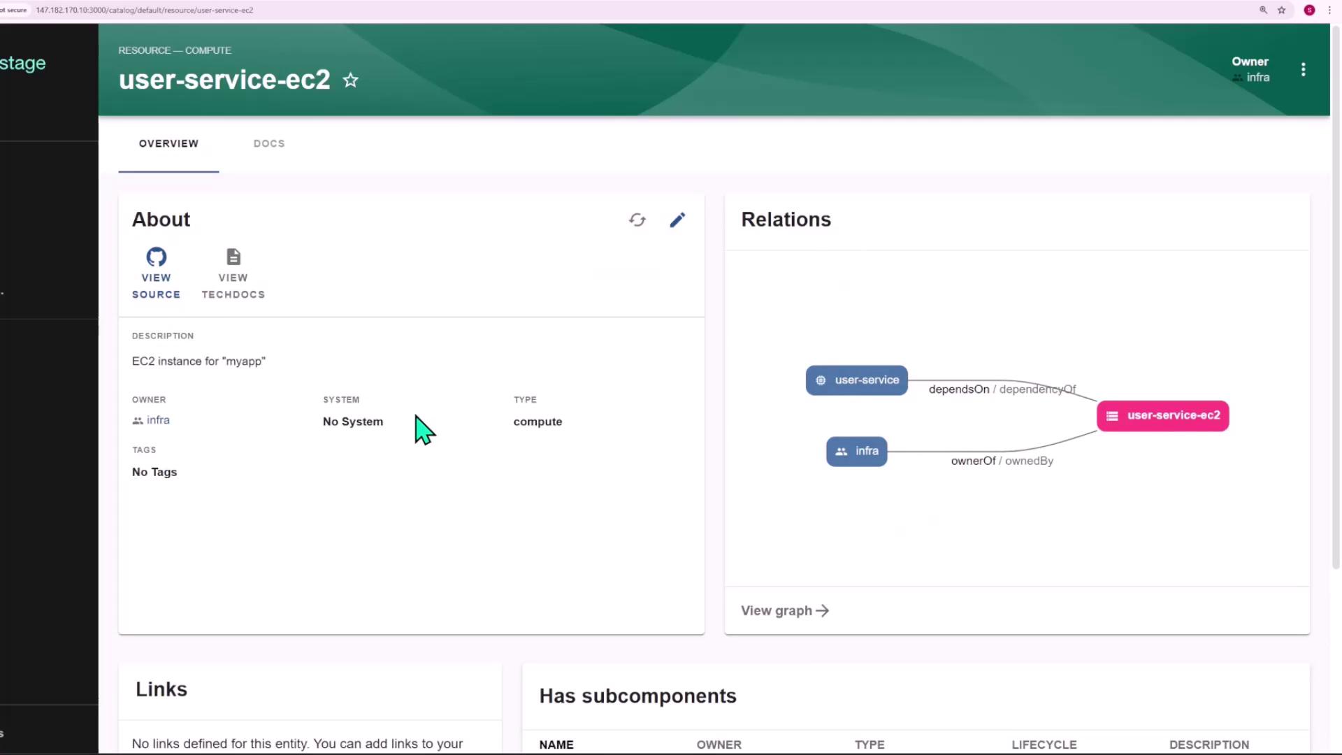 The image shows a dashboard interface for a resource named "user-service-ec2," detailing its description, owner, and system type, along with a relations graph illustrating dependencies and ownership.
