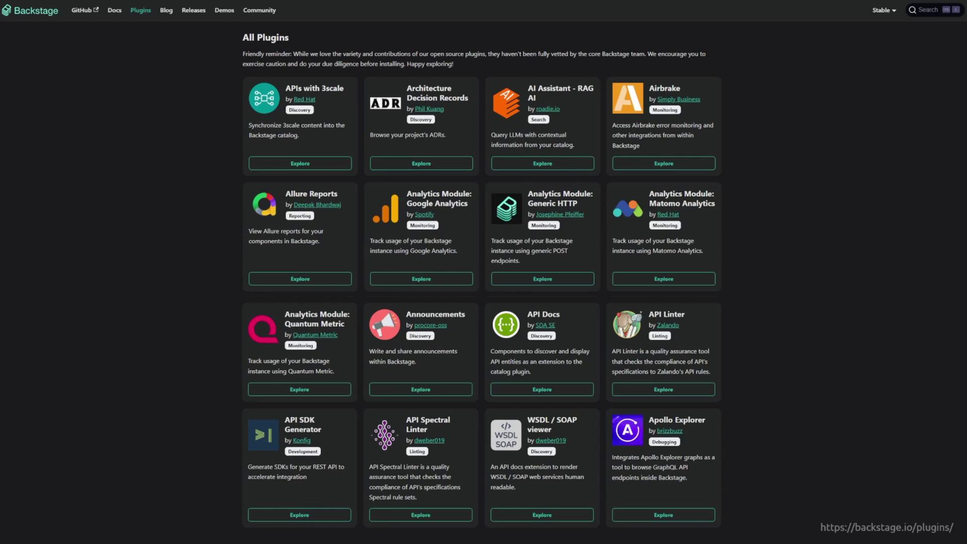 The image shows a webpage listing various plugins for Backstage, each with a brief description and an "Explore" button. The plugins cover different functionalities like analytics, reporting, and API management.