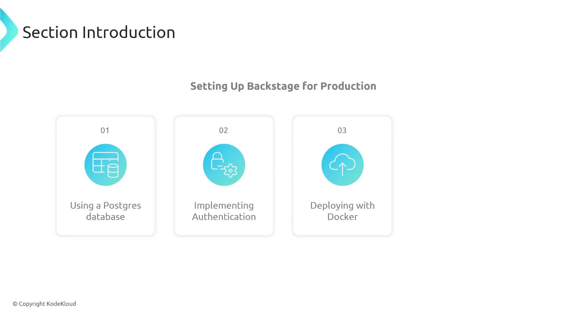 The image is a section introduction for "Setting Up Backstage for Production," featuring three steps: using a Postgres database, implementing authentication, and deploying with Docker.