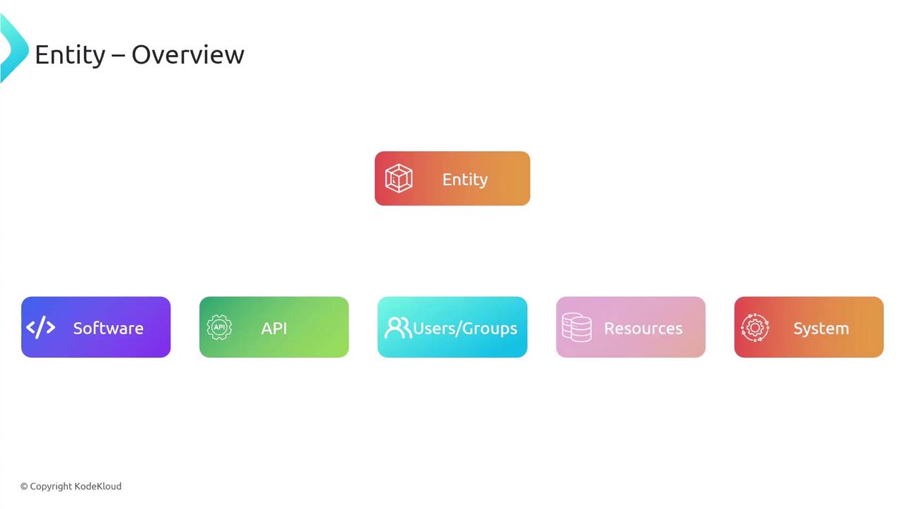 The image is an overview diagram showing an "Entity" connected to five components: Software, API, Users/Groups, Resources, and System.