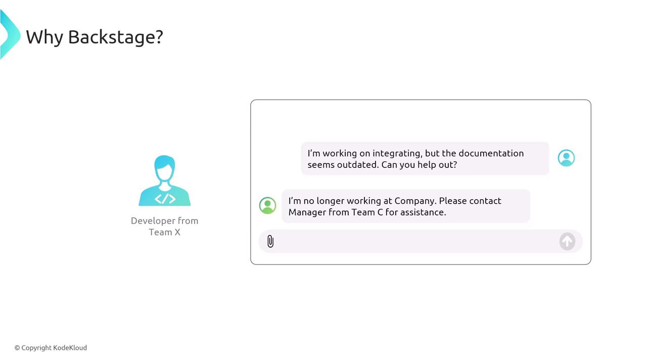 The image shows a conversation between a developer from Team X and another person, discussing outdated documentation and redirecting to a manager from Team C for assistance. The title is "Why Backstage?"