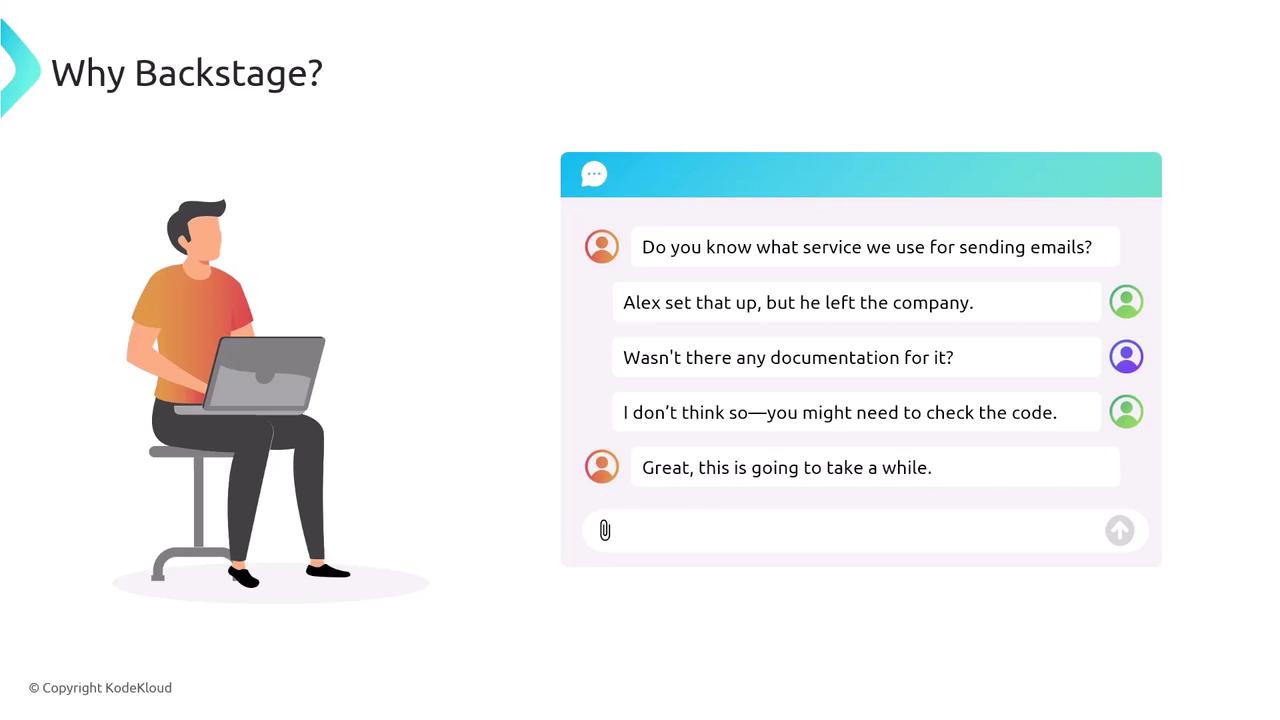 The image shows a person sitting with a laptop and a chat conversation discussing the lack of documentation for an email service setup. The text "Why Backstage?" suggests a context of improving documentation or processes.