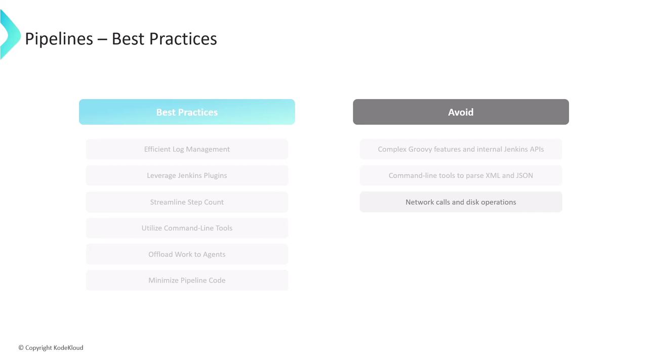 The image is a slide titled "Pipelines – Best Practices," listing best practices such as efficient log management and leveraging Jenkins plugins, alongside practices to avoid like complex Groovy features and network calls.