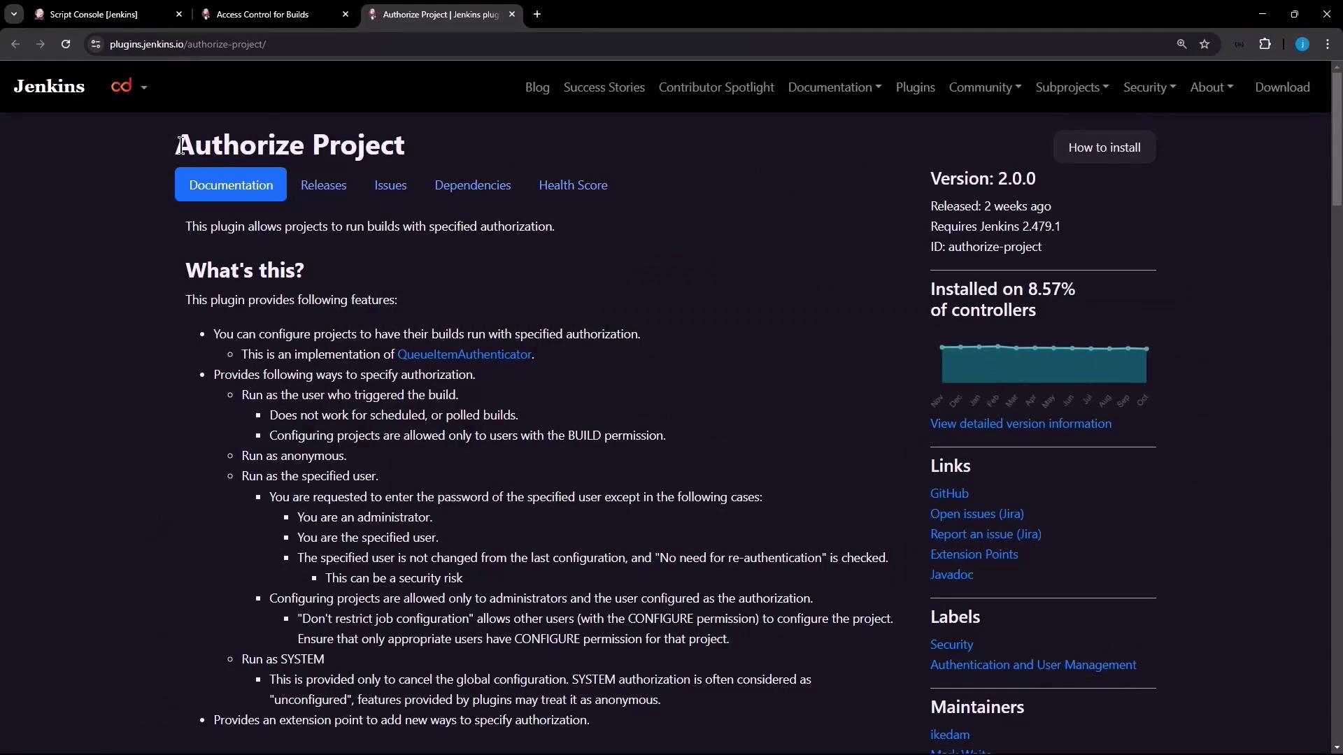 The image shows a webpage for the "Authorize Project" plugin on the Jenkins website, detailing its features, version information, and links for further resources.