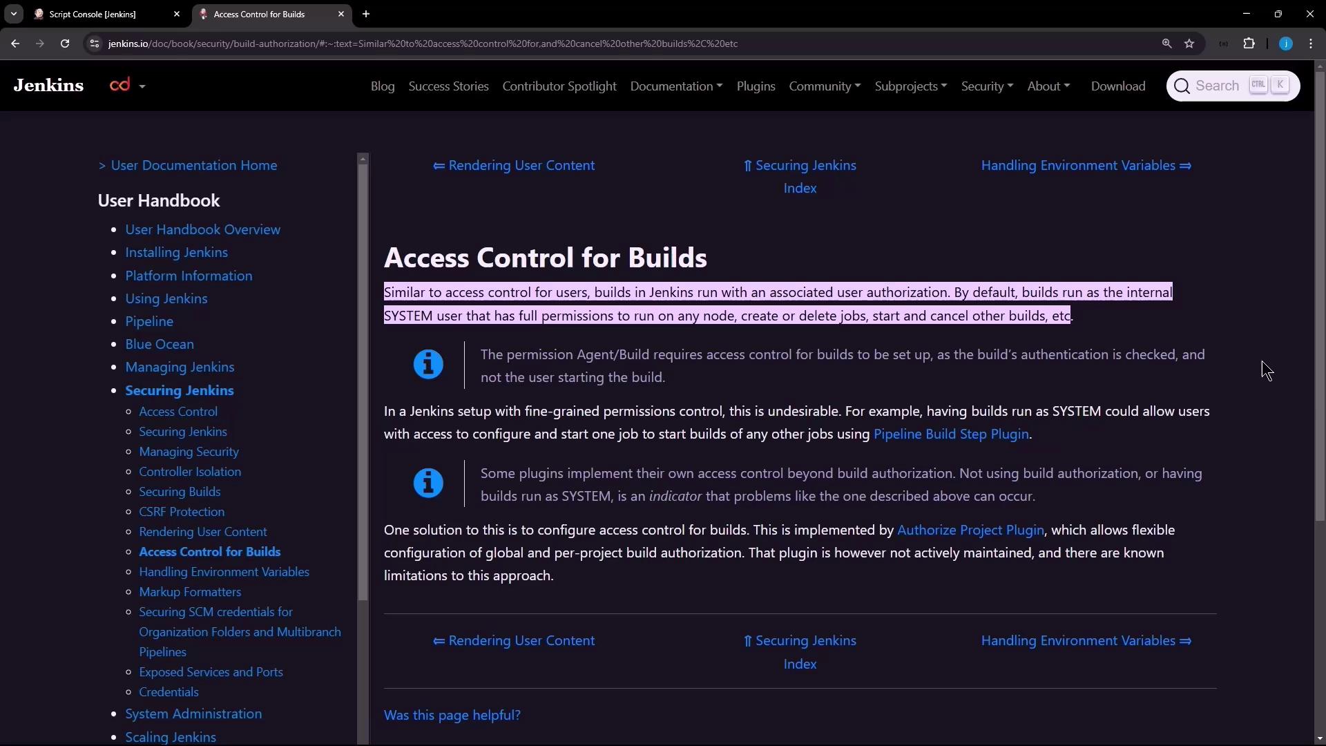 The image shows a webpage from the Jenkins documentation, specifically the "Access Control for Builds" section. It discusses user authorization for builds and mentions plugins for configuring access control.