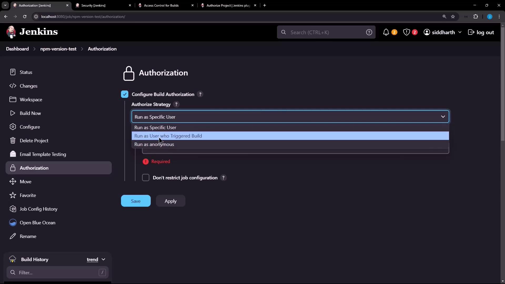 The image shows a Jenkins interface with the "Authorization" settings open, where different build authorization strategies are being configured. The options include running as a specific user or as the user who triggered the build.