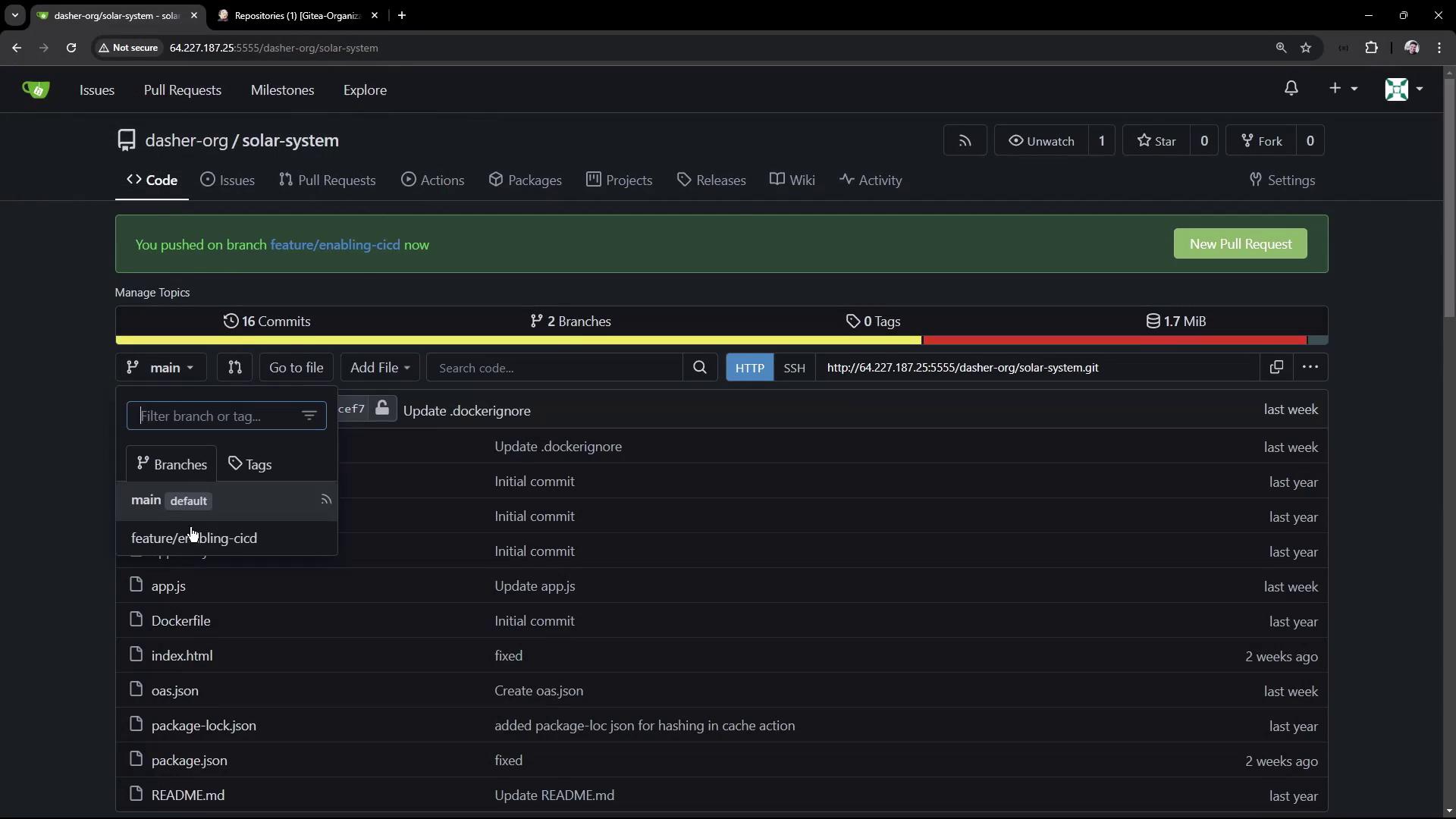 The image shows a Git repository interface with branches and commit history displayed. The "feature/enabling-cicd" branch is currently selected, and there are options to switch branches or view commit details.