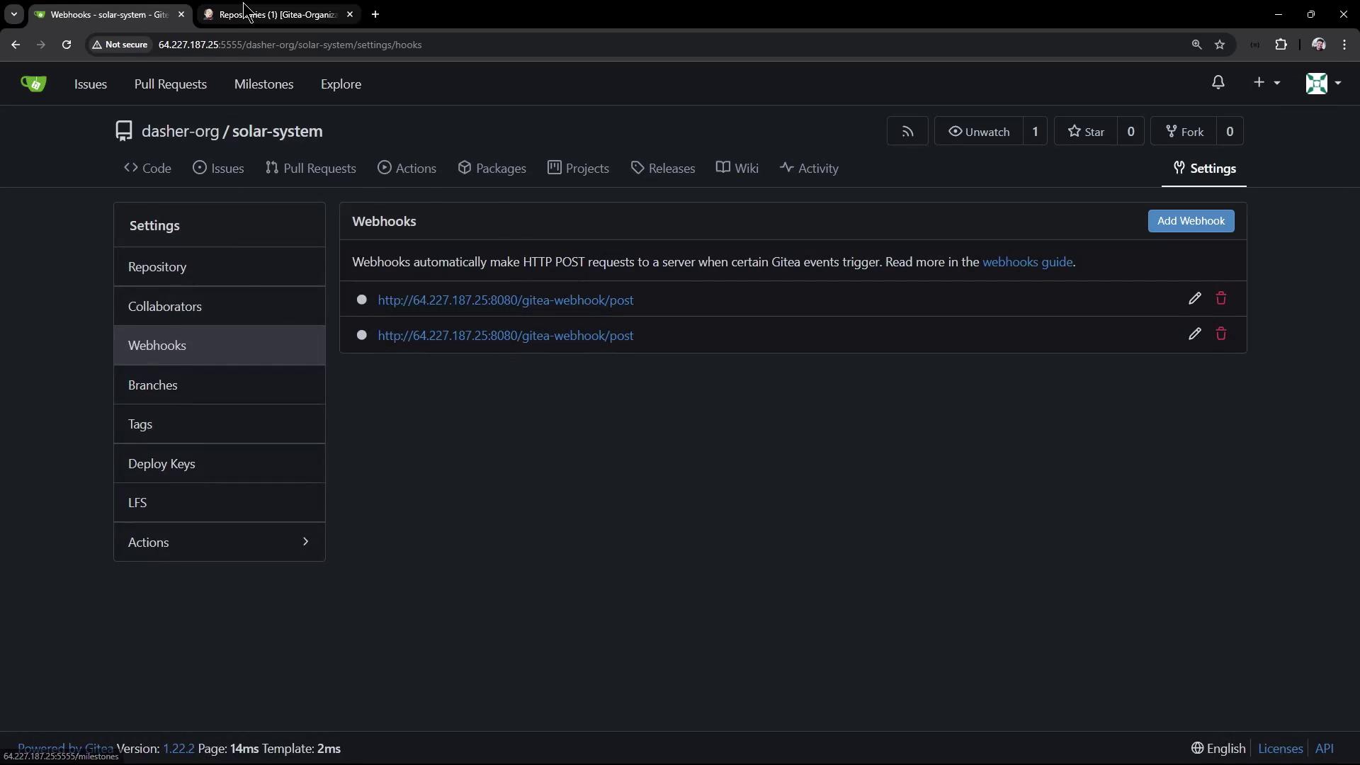 The image shows a Gitea repository settings page focused on webhooks, with two webhook URLs listed. The interface includes options for adding, editing, and deleting webhooks.