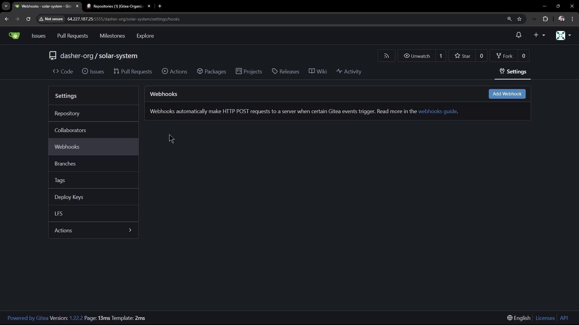 The image shows a Gitea web interface focused on the "Webhooks" settings page for a repository named "solar-system." It includes options for adding webhooks and a sidebar with various repository settings.