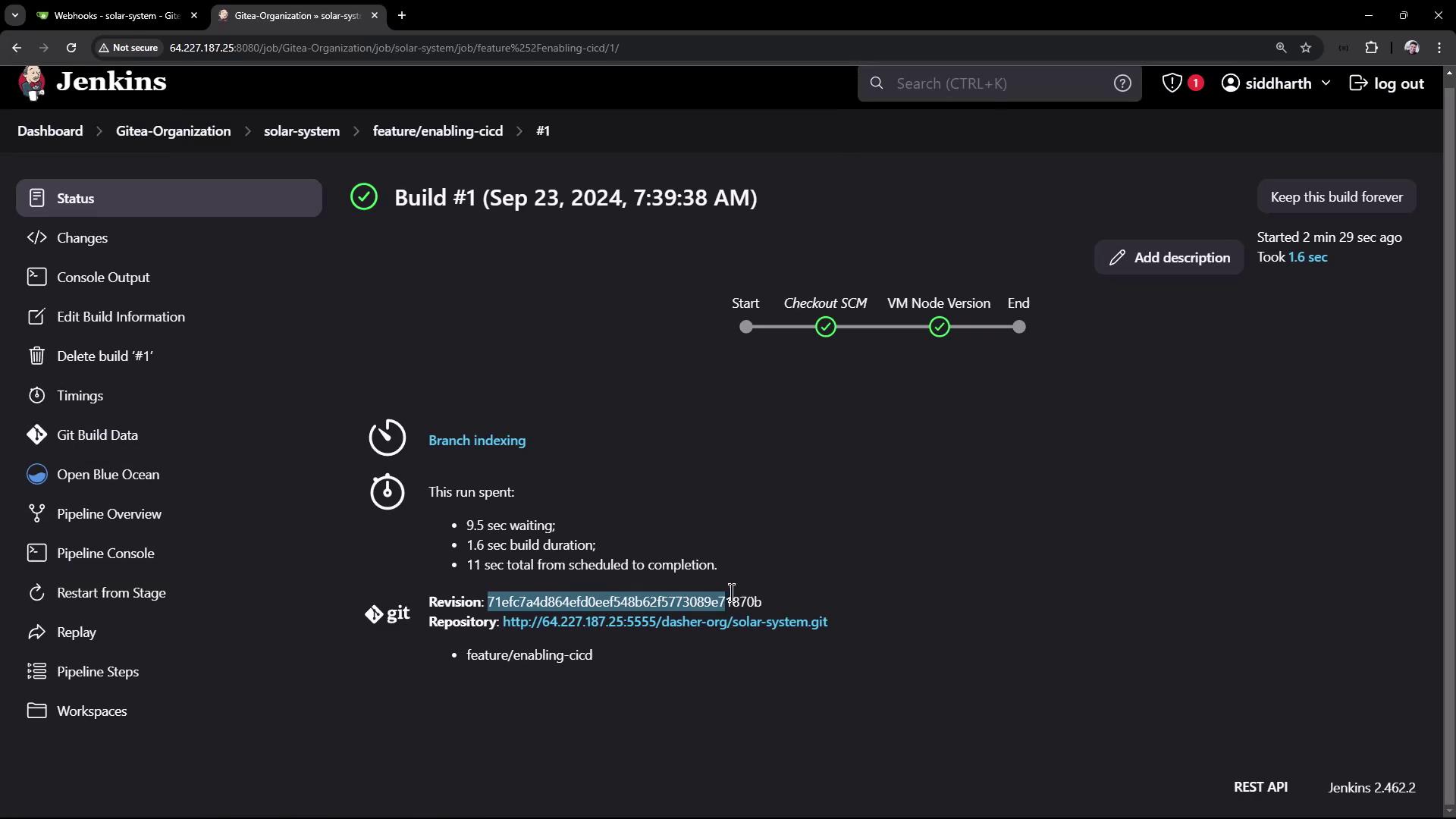 The image shows a Jenkins build interface for "Build #1" with details about the build process, including timing and repository information. The build is marked as successful with a green checkmark.