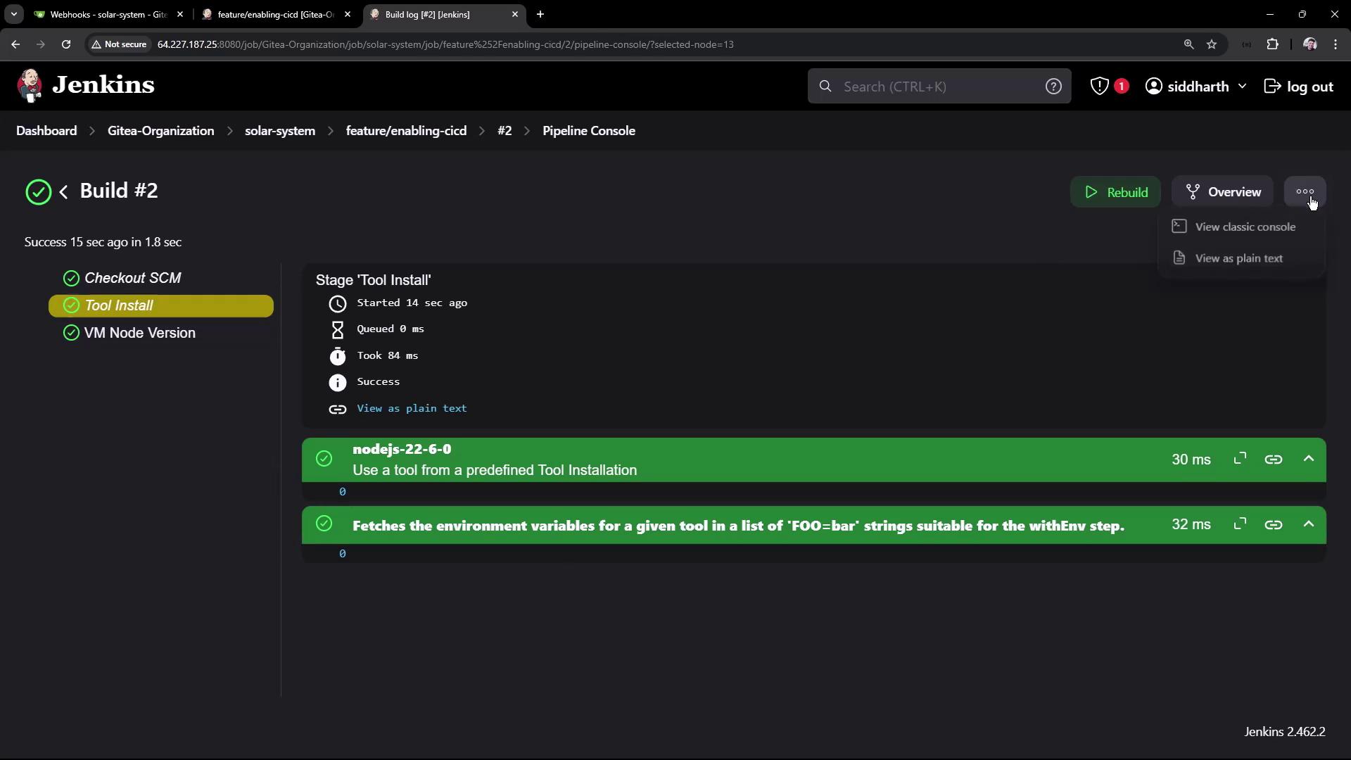 The image shows a Jenkins build interface displaying the successful completion of a build process with stages like "Checkout SCM," "Tool Install," and "VM Node Version." The "Tool Install" stage details the installation of Node.js and fetching environment variables.