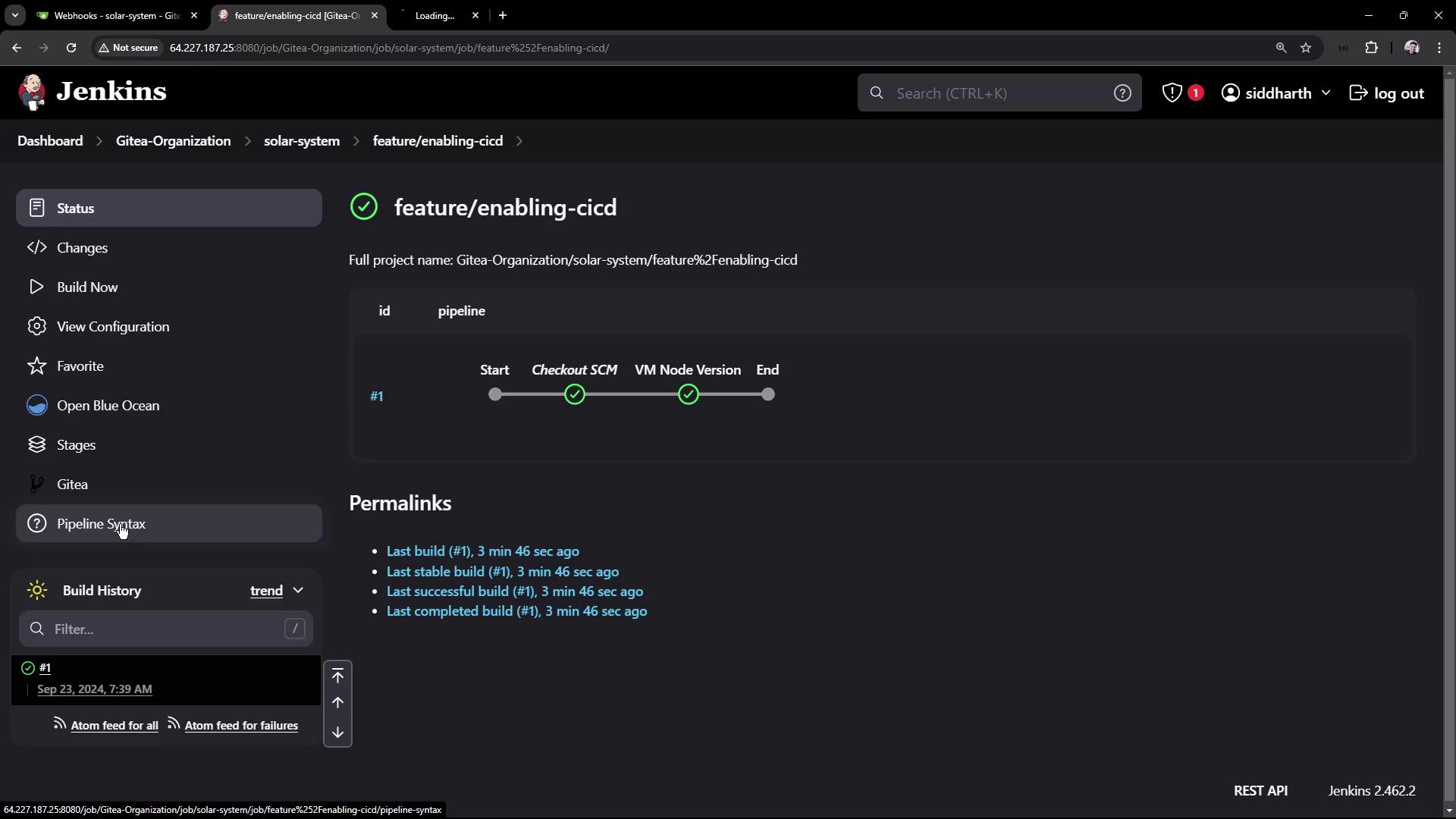 The image shows a Jenkins dashboard displaying the status of a CI/CD pipeline for a project named "feature/enablingcicd," with stages like "Checkout SCM" and "VM Node Version" marked as completed.