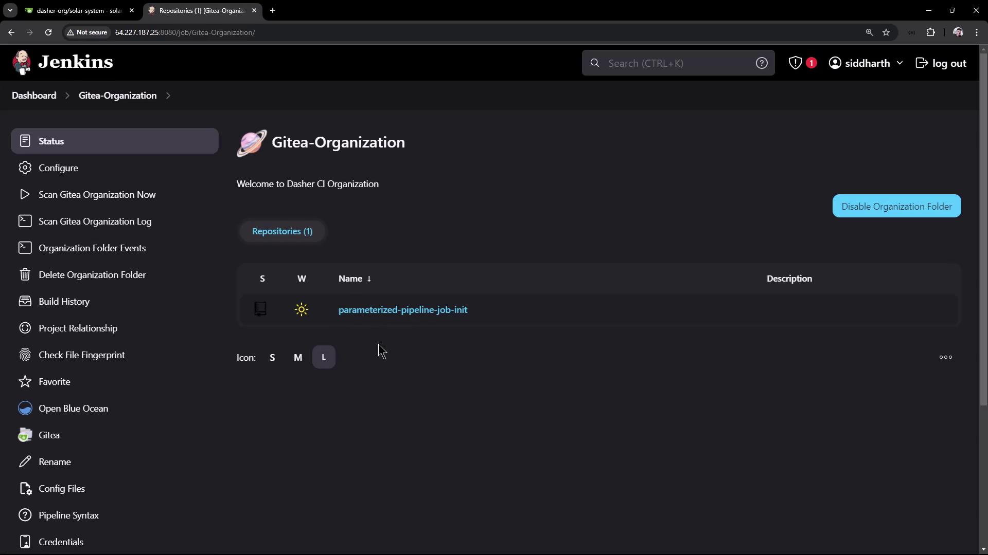 The image shows a Jenkins dashboard for a Gitea organization, displaying options like configuring, scanning, and managing repositories. A specific repository named "parameterized-pipeline-job-init" is listed.