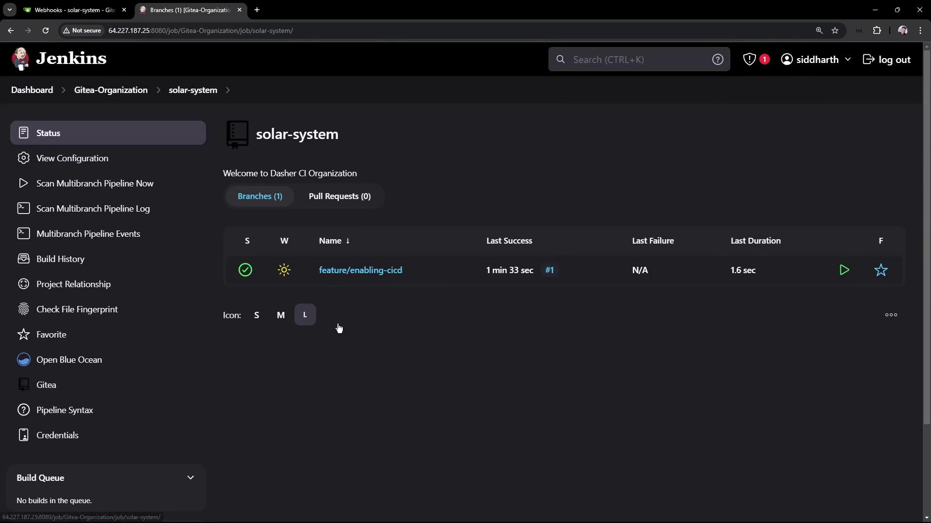 The image shows a Jenkins dashboard for a project named "solar-system," displaying the status of a branch called "feature/enabling-cicd" with details about the last successful build.