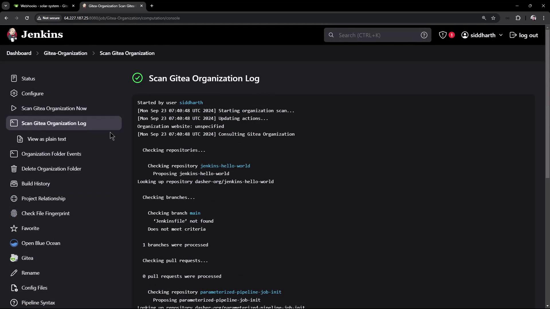 The image shows a Jenkins interface displaying a log for scanning a Gitea organization, detailing repository and branch checks.