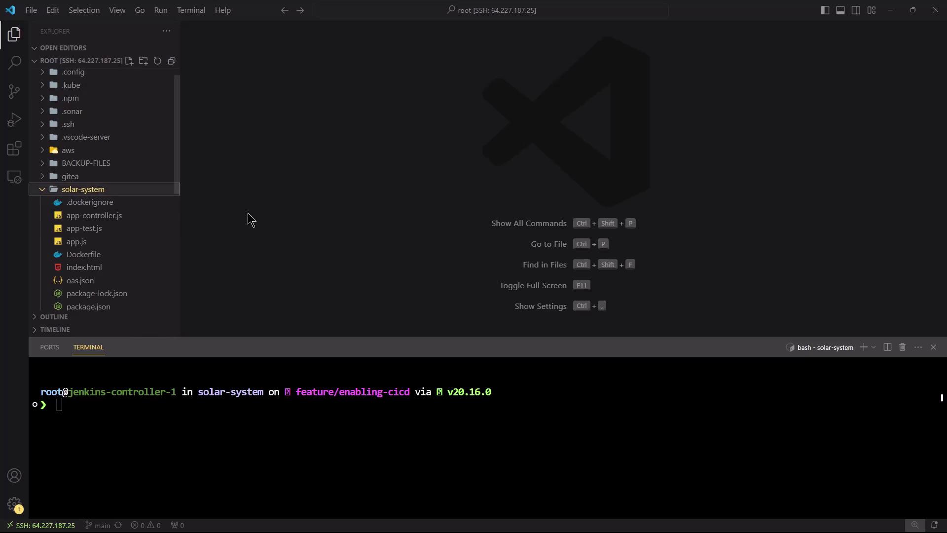 The image shows a Visual Studio Code interface with a file explorer on the left, displaying a project directory named "solar-system," and a terminal at the bottom with a command prompt.
