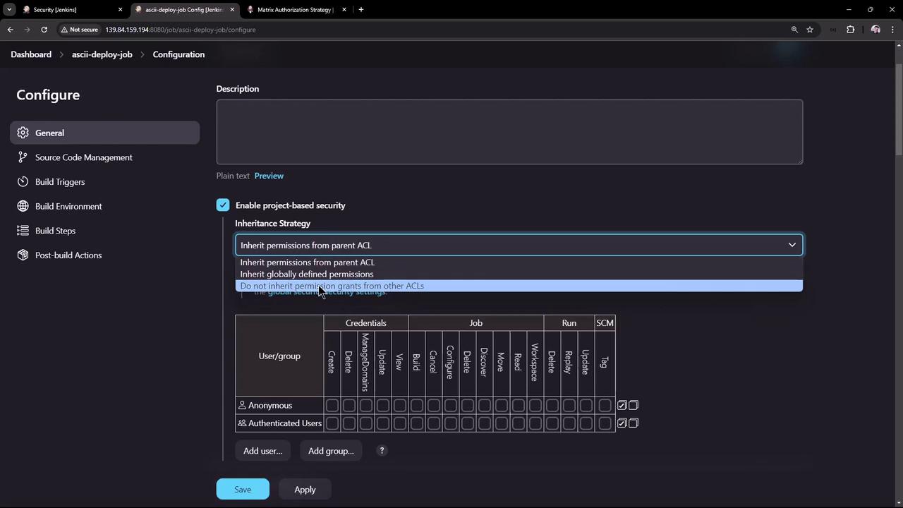 The image shows a Jenkins configuration screen for a job named "ascii-deploy-job," focusing on project-based security settings and inheritance strategy options. It includes a matrix for setting permissions for different user groups.