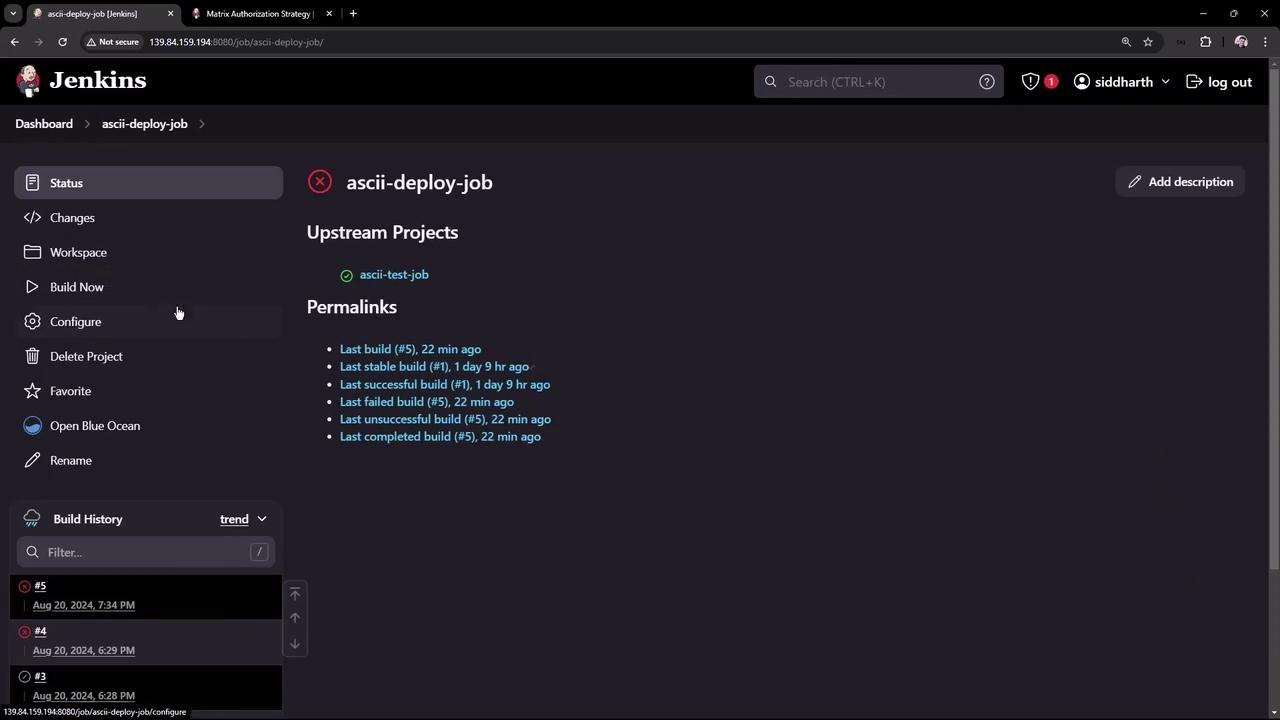 The image shows a Jenkins dashboard for a job named "ascii-deploy-job," displaying build history and permalinks for recent builds.