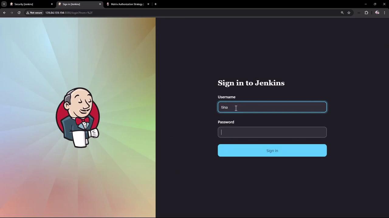 The image shows a Jenkins login page with fields for a username and password, and the Jenkins logo on the left.