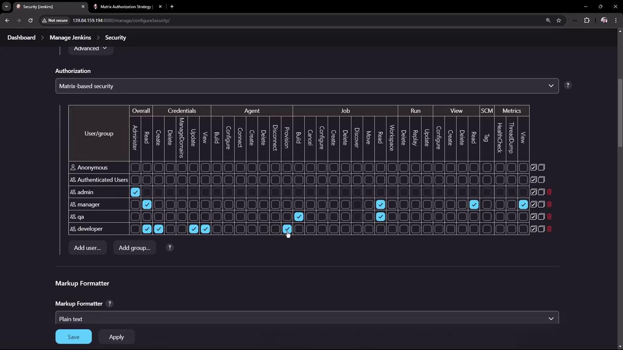 The image shows a Jenkins security configuration screen with a matrix-based authorization strategy, displaying permissions for different user groups like admin, manager, qa, and developer. Various permissions are checked for each user group across categories like Overall, Credentials, Agent, Job, Run, View, SCM, and Metrics.