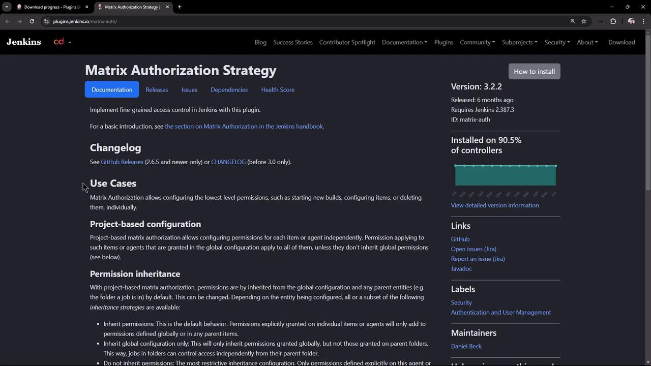 The image shows a webpage for the "Matrix Authorization Strategy" plugin for Jenkins, detailing its documentation, version information, and use cases.
