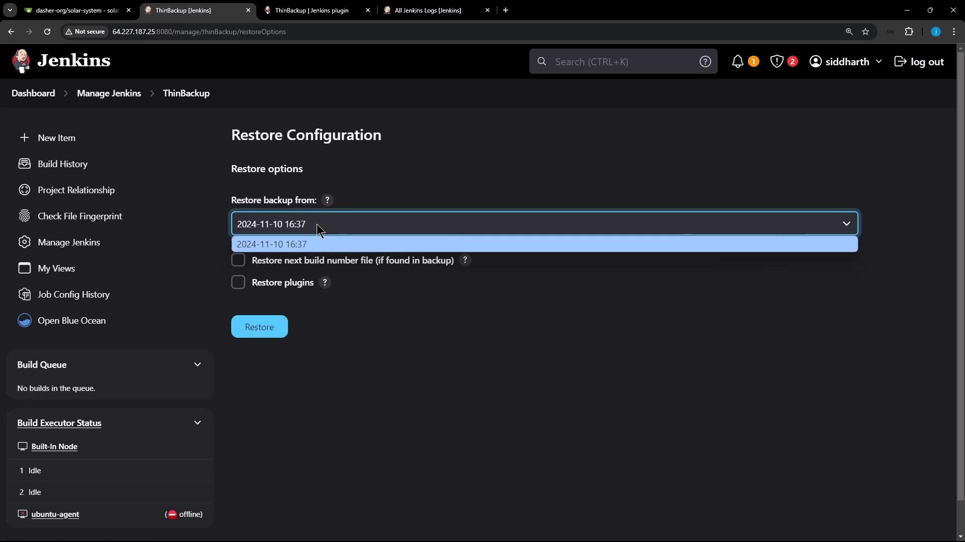 The image shows a Jenkins interface with a "Restore Configuration" screen, where a backup date is selected for restoration. The sidebar includes options like "Manage Jenkins" and "Build History."