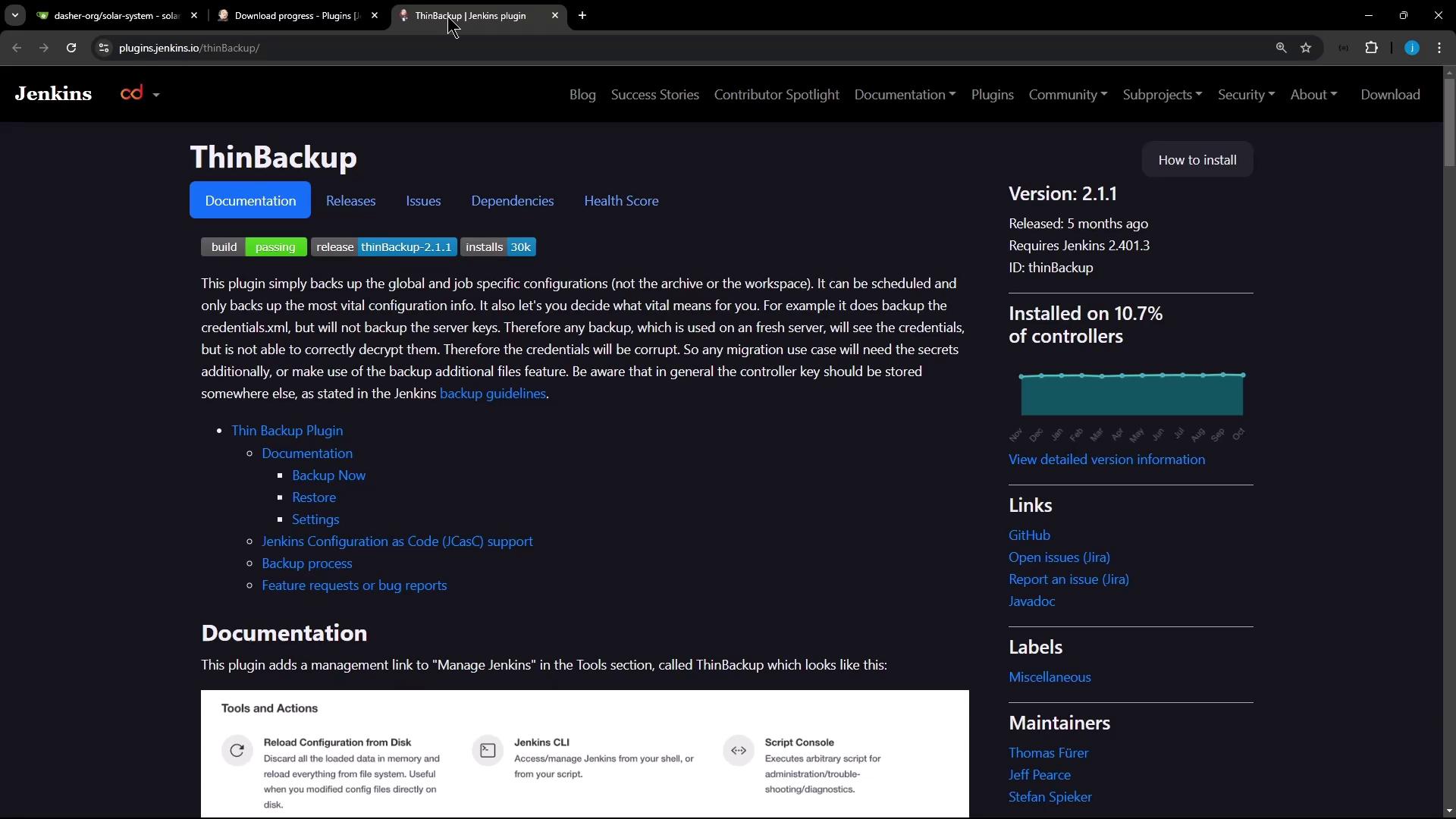 The image shows a webpage for the Jenkins plugin "ThinBackup," detailing its features, version information, and documentation links. It includes a description of the plugin's functionality and installation statistics.