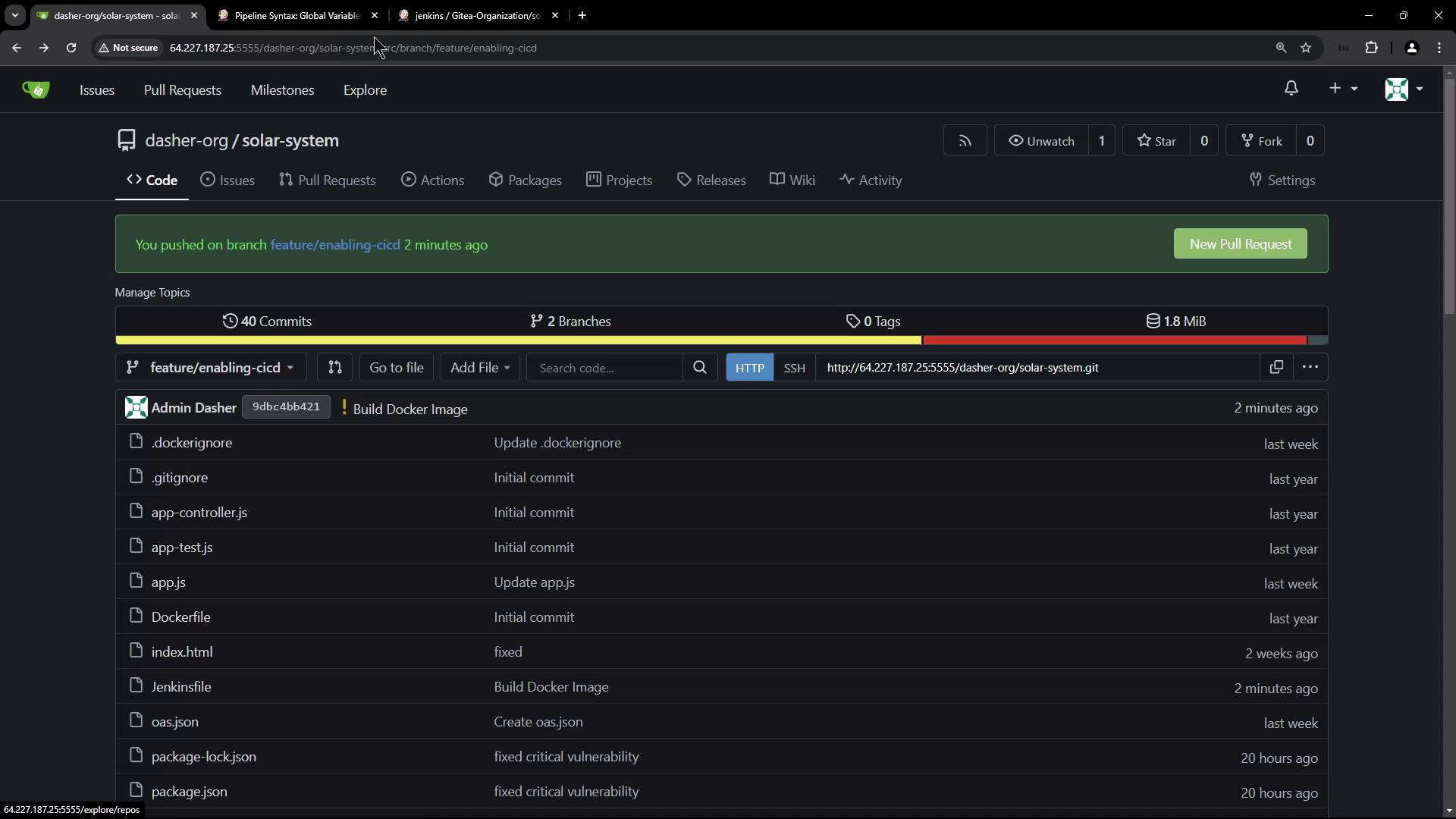 The image shows a code repository interface with a list of files and recent commits, including a branch named "feature/enabling-cicd."