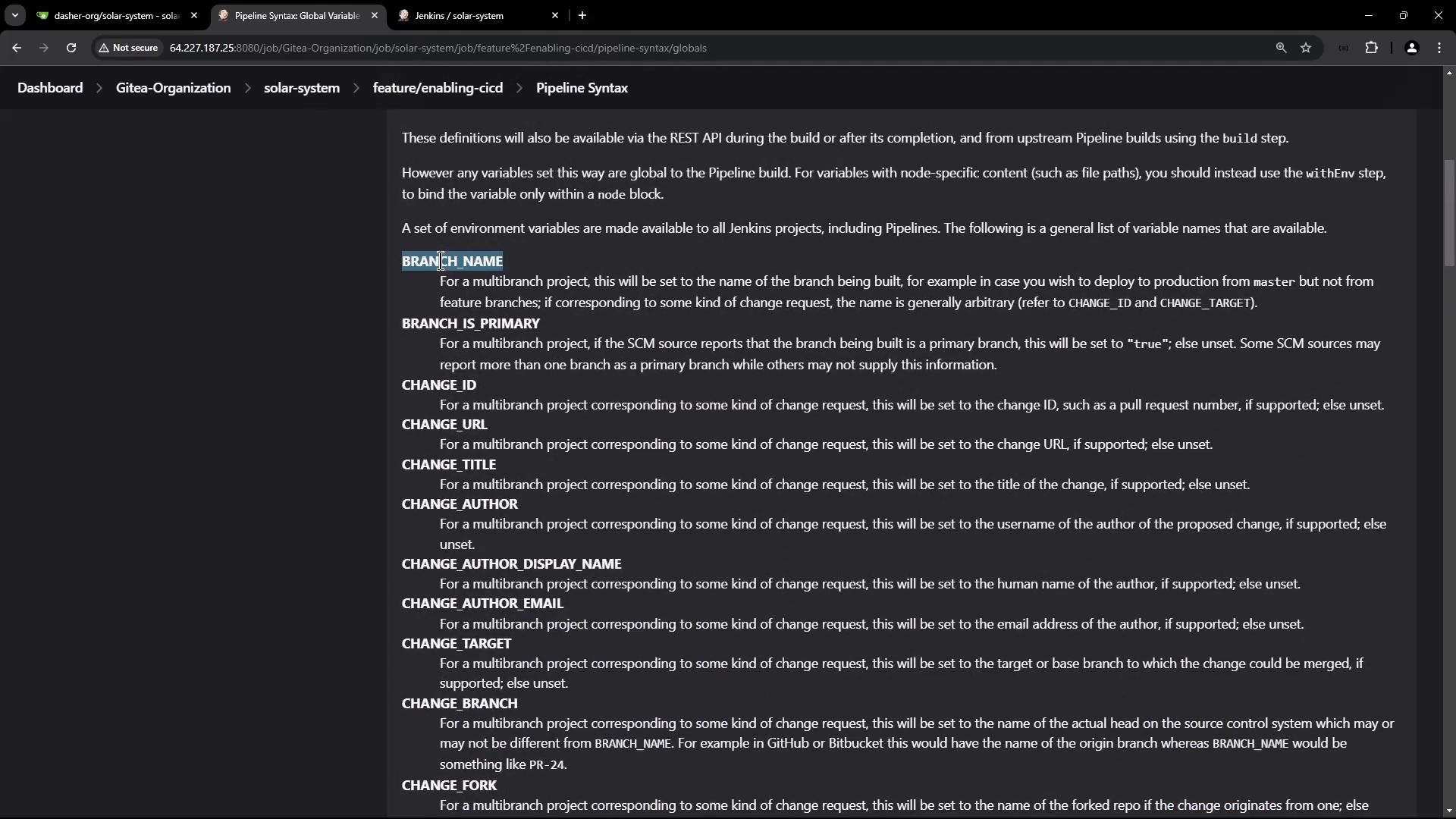 The image shows a Jenkins Pipeline Syntax page detailing environment variables available for multibranch projects, such as `BRANCH_NAME`, `CHANGE_ID`, and `CHANGE_AUTHOR`.