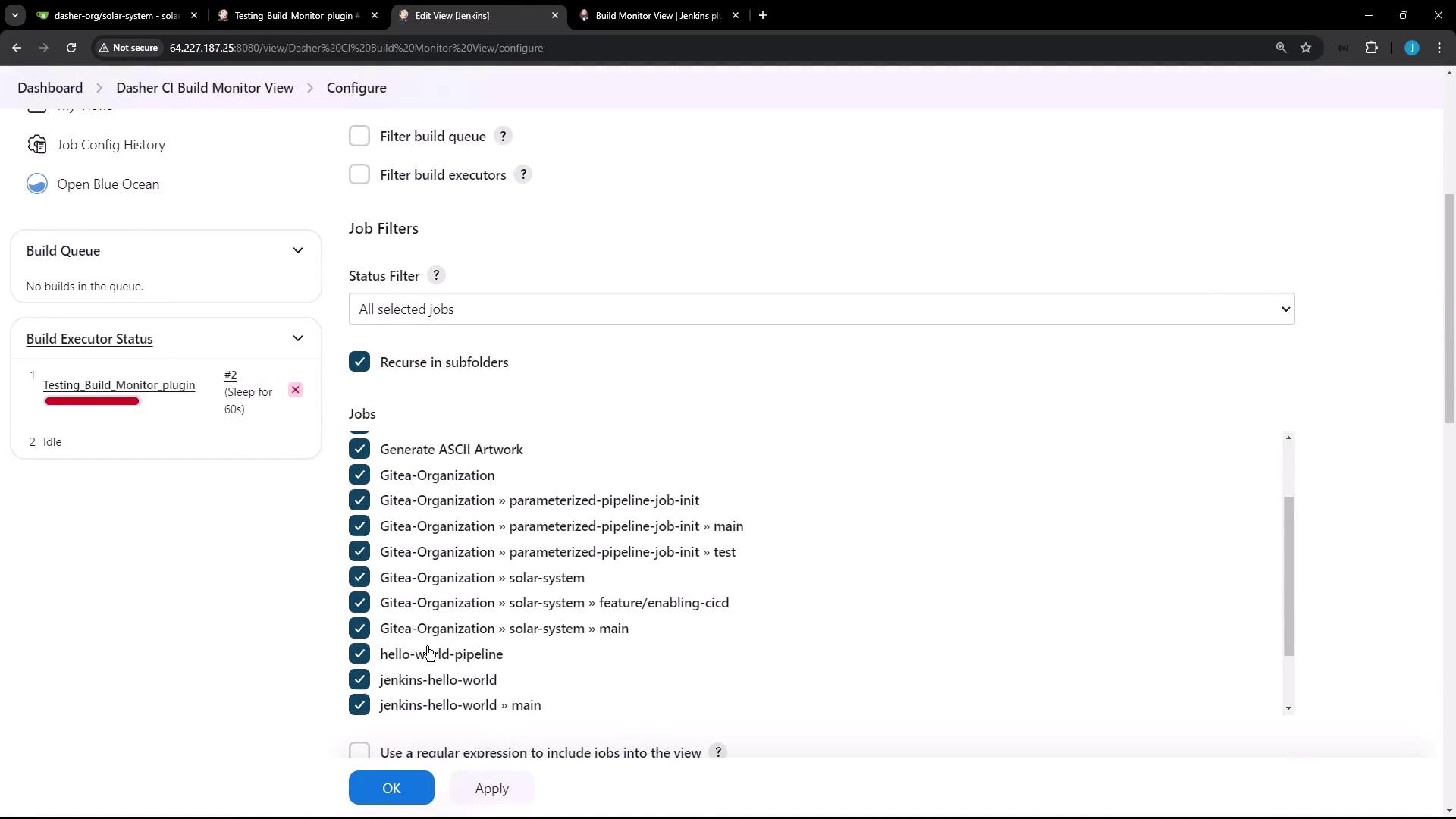The image shows a Jenkins configuration page with job filters and a list of jobs, including "Generate ASCII Artwork" and various "Gitea-Organization" jobs. The build executor status indicates one job is sleeping.