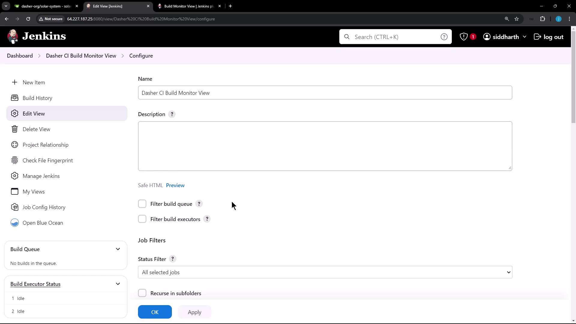 The image shows a Jenkins configuration page for editing a view named "Dasher CI Build Monitor View," with options for filtering build queues and executors.