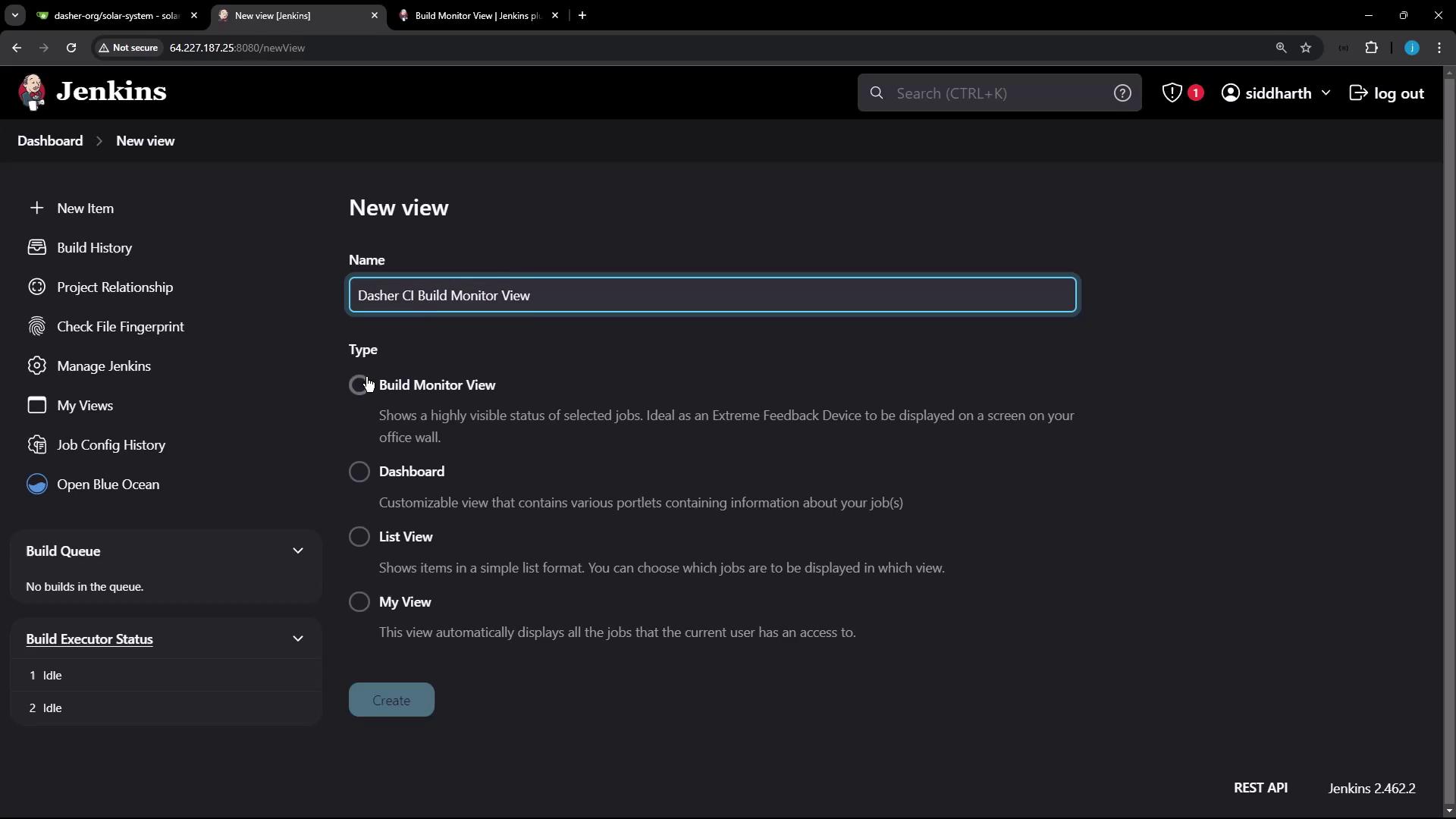 The image shows a Jenkins interface where a new view is being created, with options for different view types like "Build Monitor View" and "Dashboard." The view is named "Dasher CI Build Monitor View."